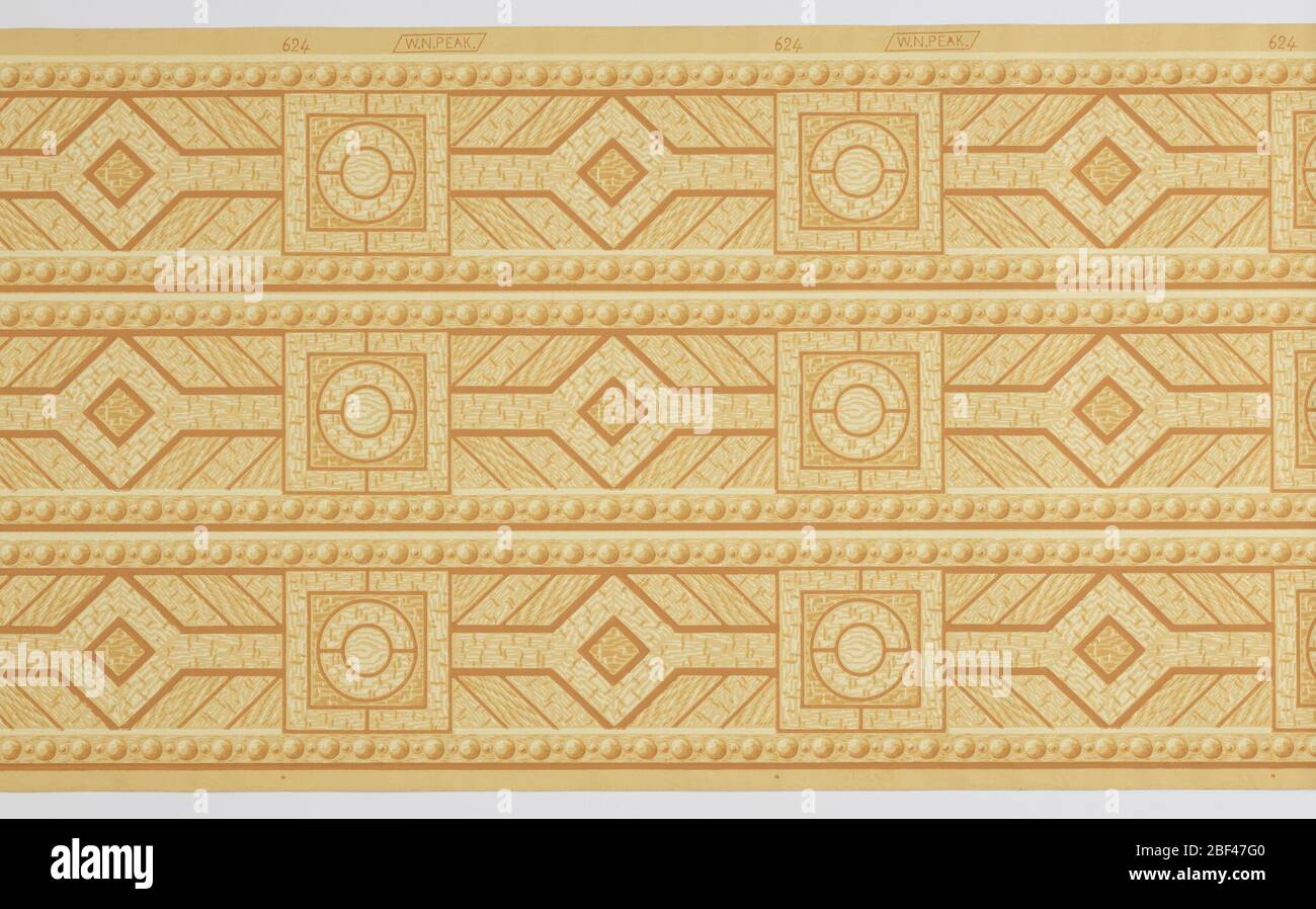 Carta per pavimenti. Stampato tre volte: Disegno in legno di legno di pavimenti in parquet. Cerchio all'interno di un quadrato che si alterna con una forma a diamante. I cordoni strung corrono lungo entrambi i bordi. Foto Stock Carta per pavimenti. Stampato tre volte: Disegno in legno di legno di pavimenti in parquet. Cerchio all'interno di un quadrato che si alterna con una forma a diamante. I cordoni strung corrono lungo entrambi i bordi. Foto Stock