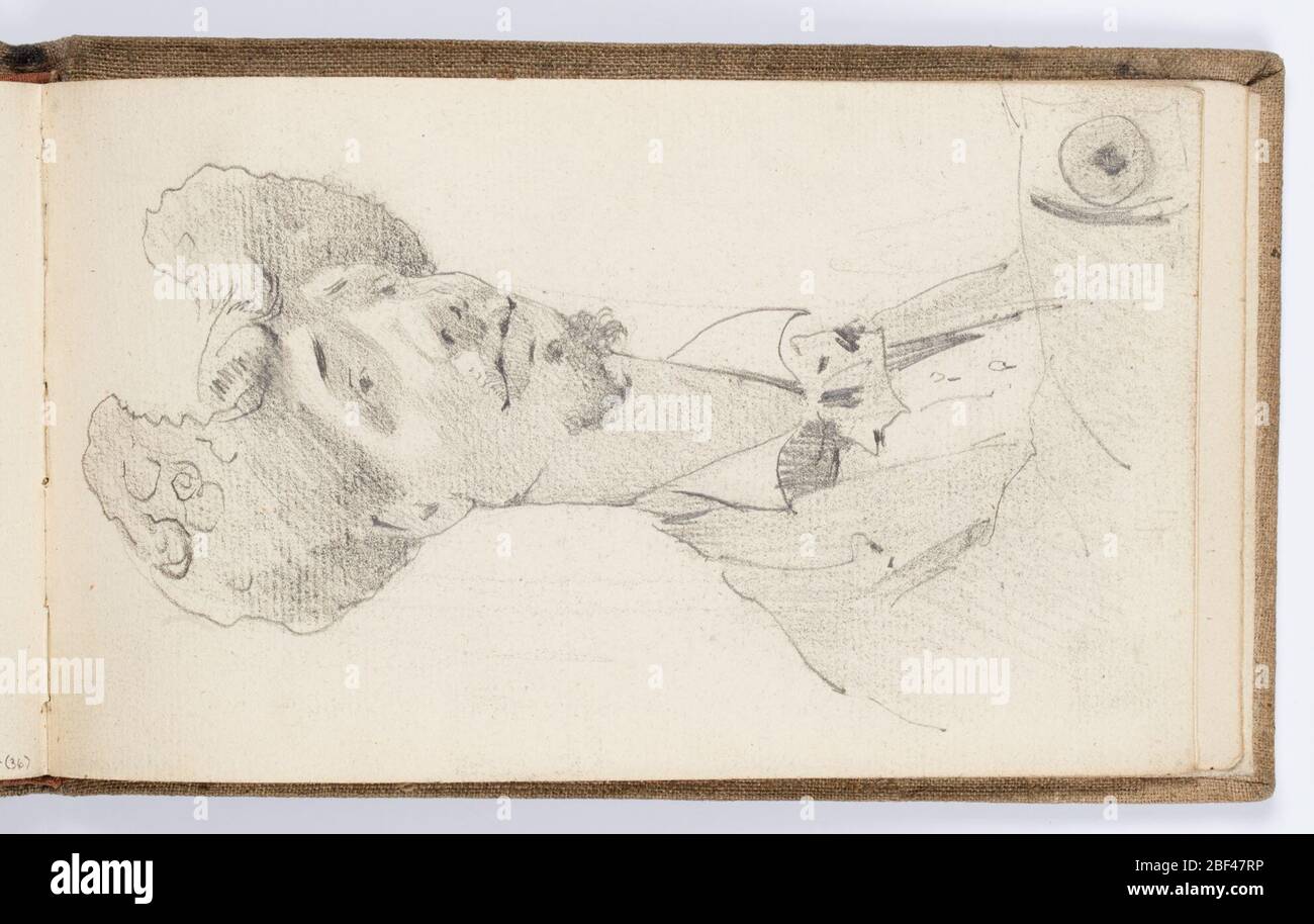 Sketchbook pagina Caricatura di CarolusDuran. Recto: Caricatura di una figura con barba e capelli esagerati, staccati al centro, probabile Carolus-Duran.verso: Nota con indirizzo, e svenciuti schizzi di costruzione e alberi. Foto Stock