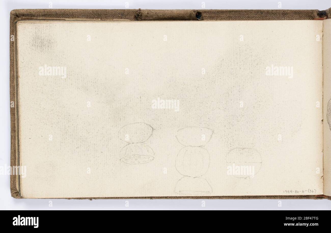 Pagina del libro degli scarpette. Schizzo di tre diverse configurazioni di una sfera bisecata, possibilmente frutto. Foto Stock