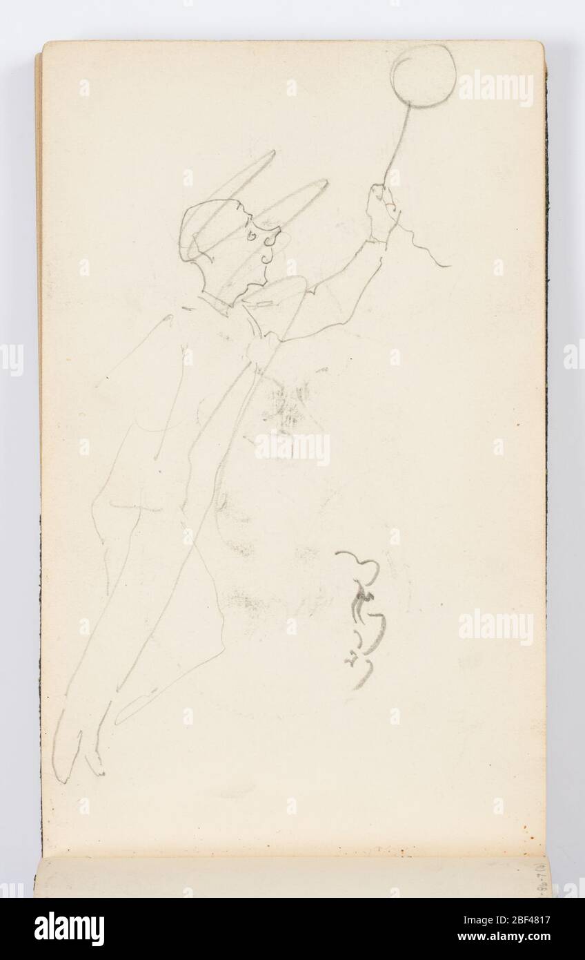 Sketchbook pagina uomo con palloncino. Recto: Schizzo dell'uomo con un pallone, annullato fuori.verso: Due caricature del volto di un uomo con baffi arricciati, raffigurati frontalmente, guardando verso sinistra. Foto Stock