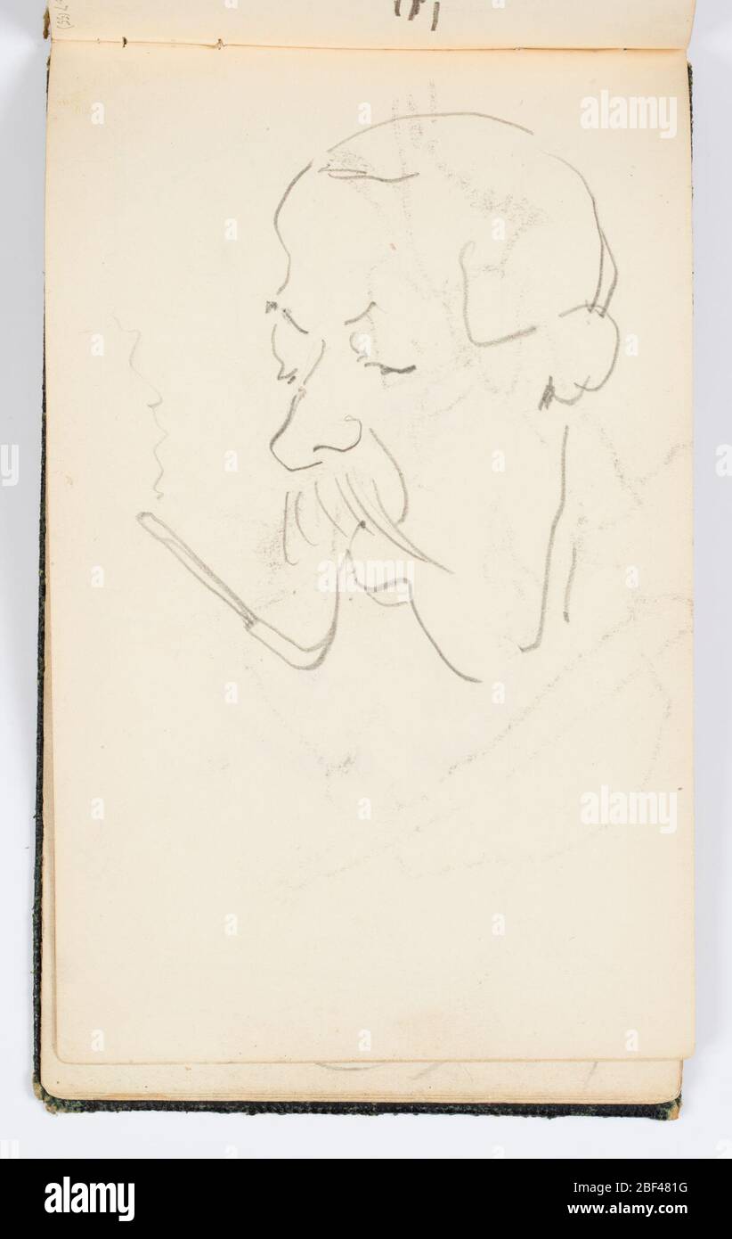 Pagina del libro di foto Caricatura. Recto: Caricatura di un uomo con baffi, rivolto frontalmente.verso: Disegno indistinto, forse di un paesaggio. Foto Stock