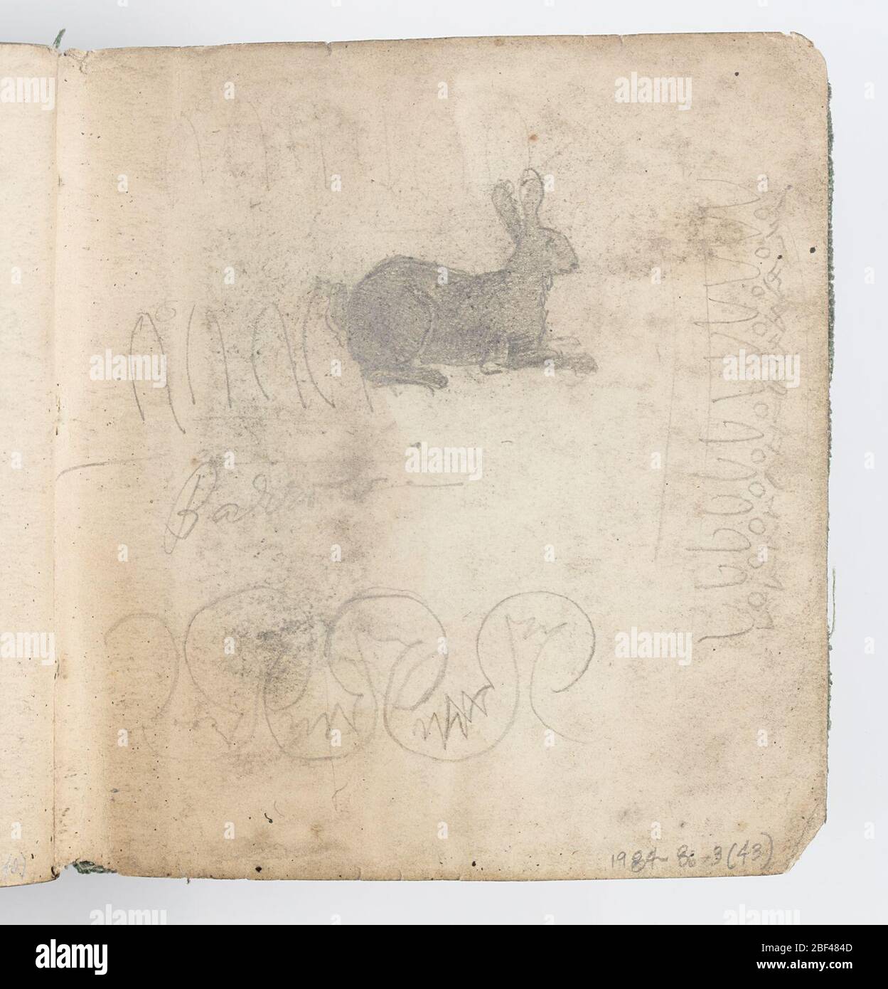 Pagina del libro di disegno schizzo del coniglio. Disegno di un coniglio, ombreggiato, circondato da svendi schizzi di bordi decorativi. Foto Stock