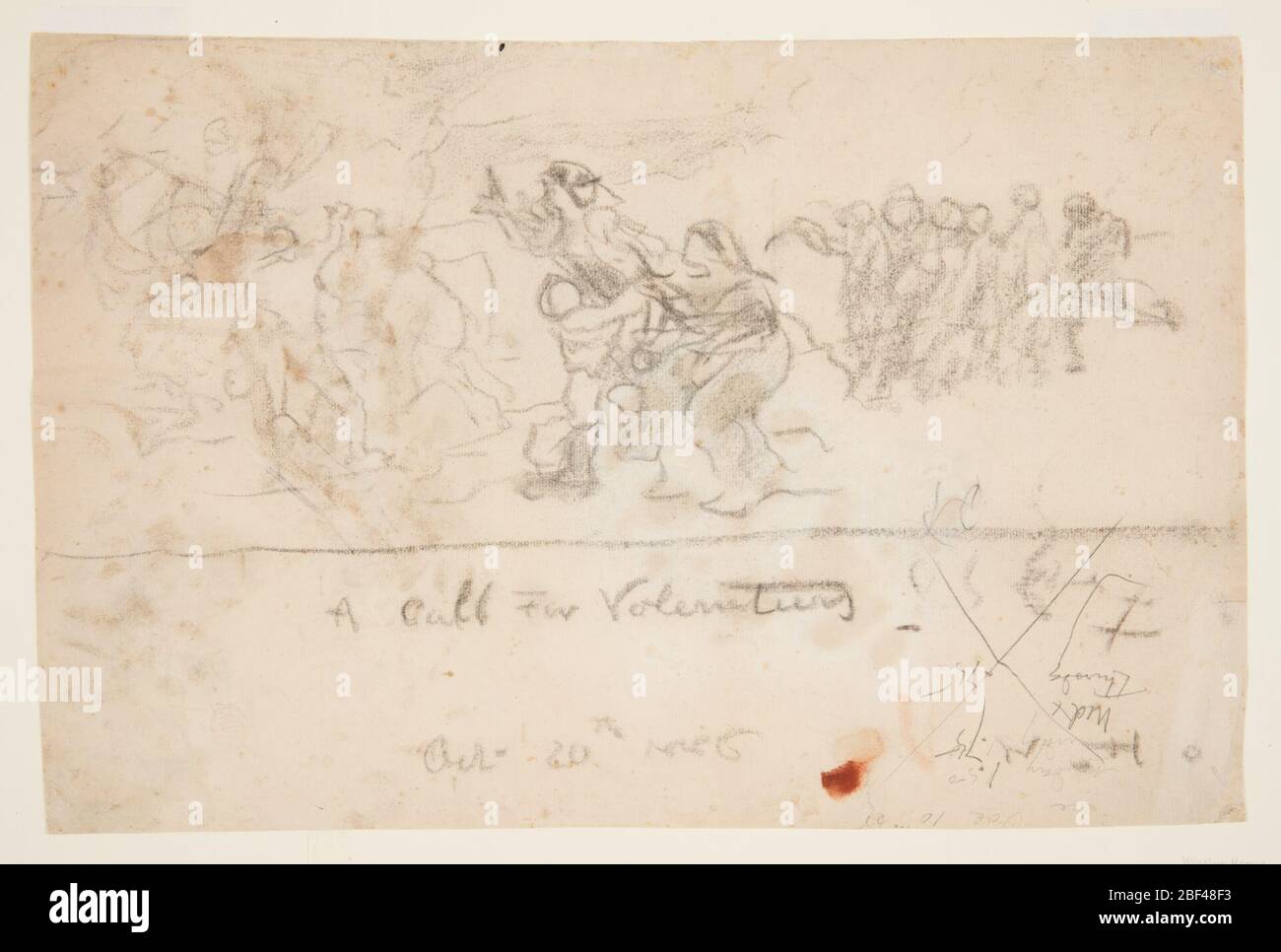 Una chiamata per volontari. Linea di carbone spessa divide il foglio orizzontalmente in due sezioni. Foto Stock