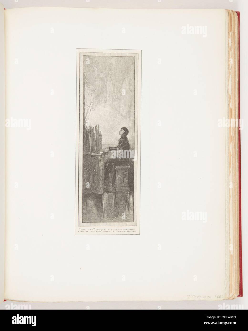 La visione. Destra, profilo della figura rivolto verso sinistra, suonando l'organo, guardando verso l'alto verso la croce. Foto Stock