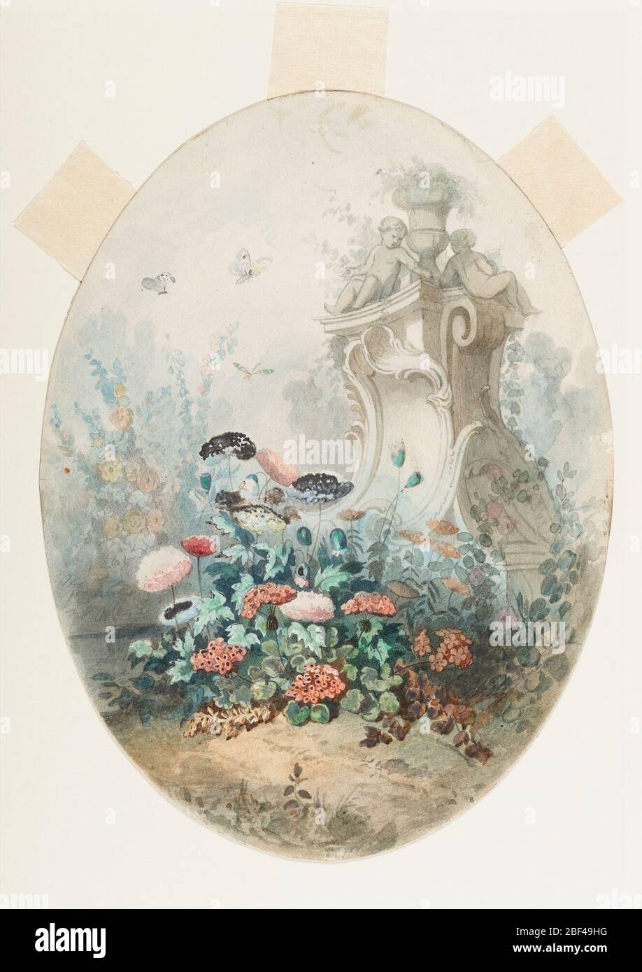 Design per coperchio Candy Box. Design ovoidale per una custodia per caramelle. In un giardino sorge un alto piedistallo con figure scultoree di bambini seduti intorno ad un vaso. Foto Stock