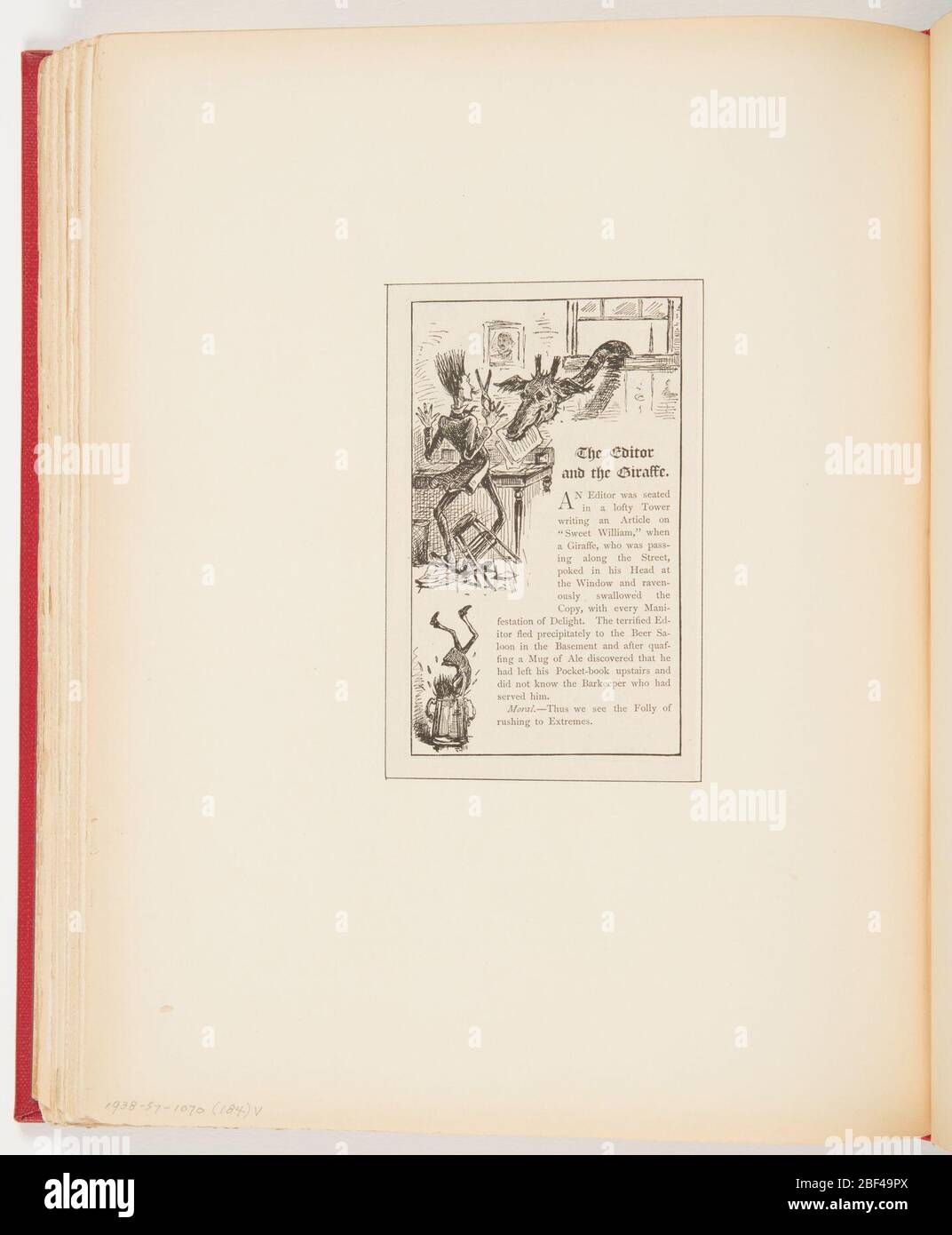 Il redattore e la Giraffe. Breve storia di un redattore che è spaventata da una giraffa. In alto a sinistra, dietro la figura sorpresi con i capelli in piedi, forbici in mano destra. In alto a destra, testa giraffa che passa attraverso una finestra, carta in bocca. Foto Stock
