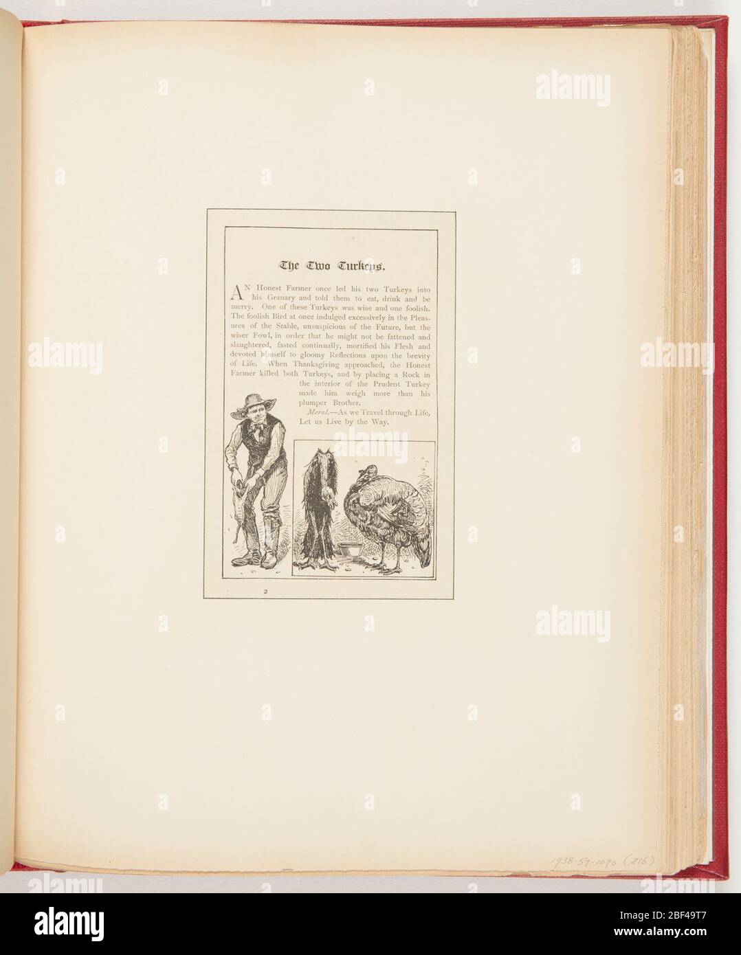 Le due chiavi. Top, breve storia sulla turchia che cerca di ingannare la sua strada nel non essere mangiato. In basso a sinistra, contadino con carcassa di tacchino scuoiata, che lo insaccano di una roccia. A destra, due tacchini, a sinistra turchia, davanti, scraggly; a destra, profilo della turchia, piombato. Foto Stock