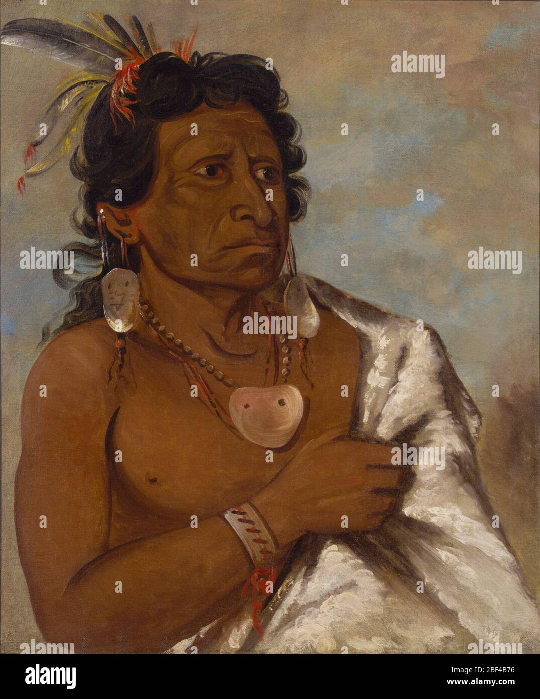 Usheekitz Chi combatte con un capo della tribù di Feather. George Catlin ha descritto U’h-ee-kitz come un "indiano molto gentile e raffinato, nelle sue maniere, e notevole per il suo modo di abbracciare gli ufficiali e gli altri membri del consiglio". L'artista dipinse questo ritratto in un villaggio Comanche nel 1834. (Catlin, Letters and Notes, vol. 2, n. Foto Stock