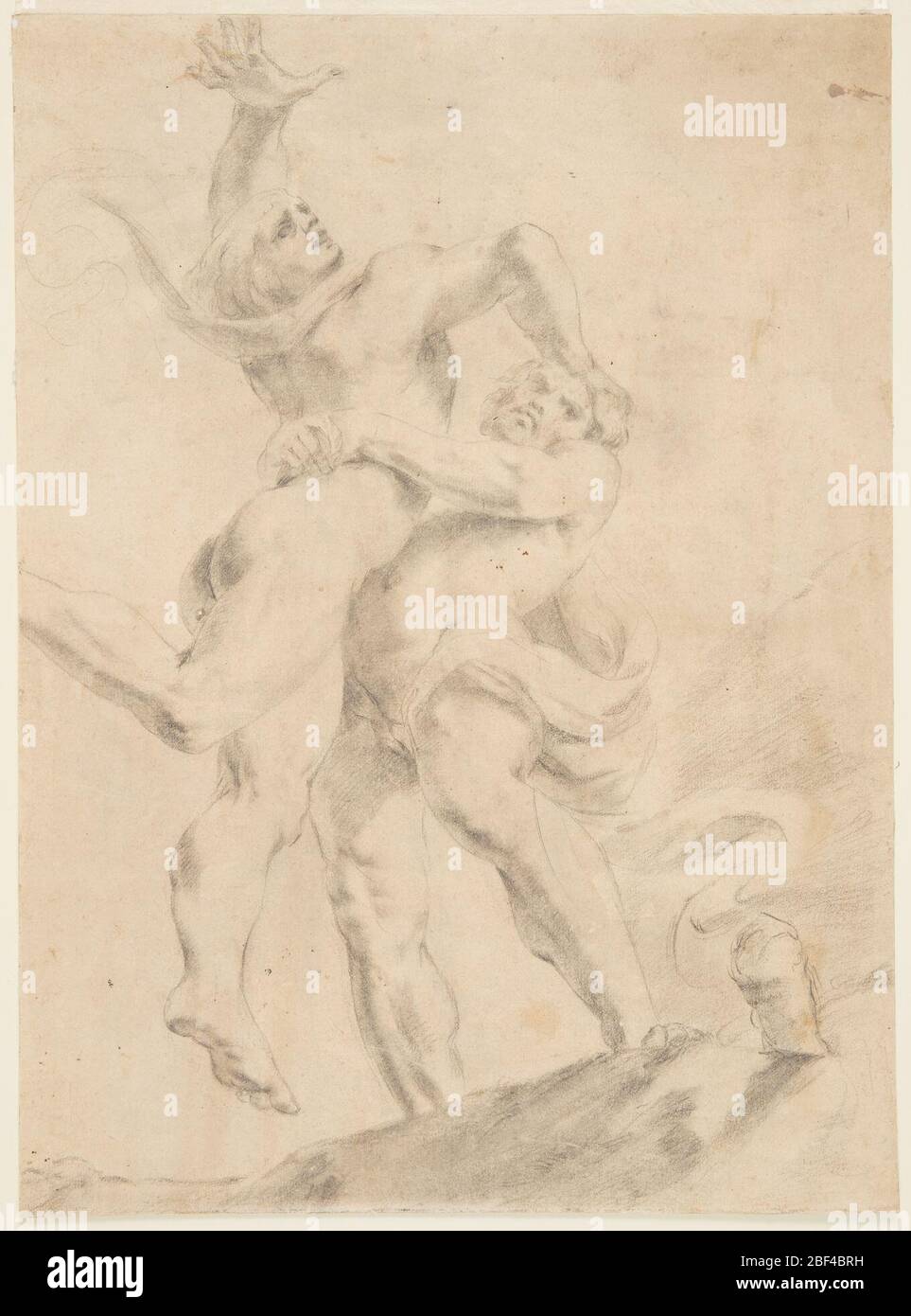 Studio per Ercole e Antaeus. Ercole, indossando un panno scorrevole, solleva il gigante, Antaeus, sulla testa. Le cifre sono viste scorcio dal basso. Foto Stock