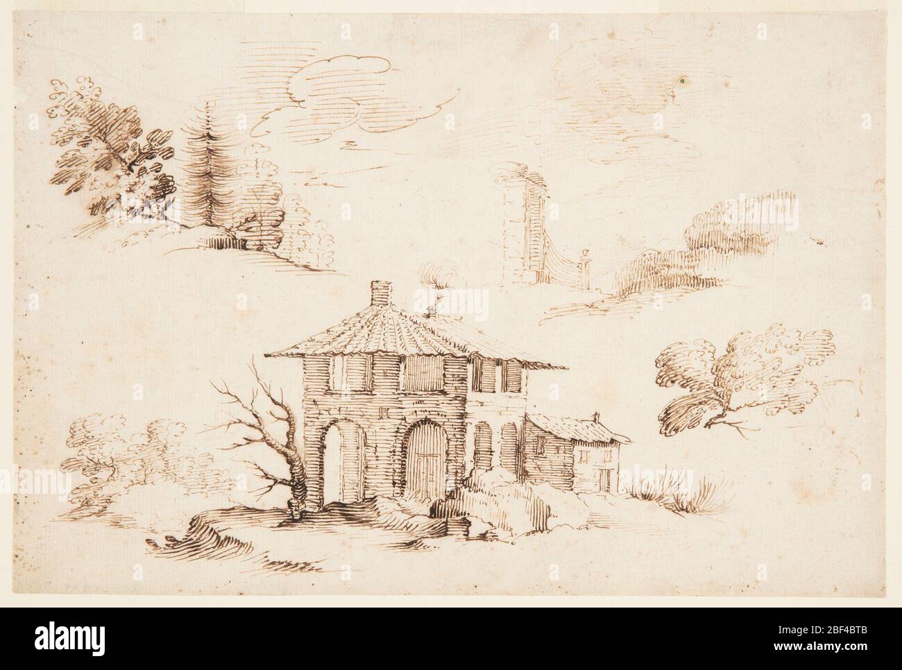 Schizzi di alberi e una casa. In alto a sinistra: Schizzo di un po' di paesaggio boscoso; in alto a destra: Angolo di un muro del giardino; in basso al centro: Una piccola casa, con fumo emesso dal camino; in basso a destra: Un ramo di albero. Foto Stock