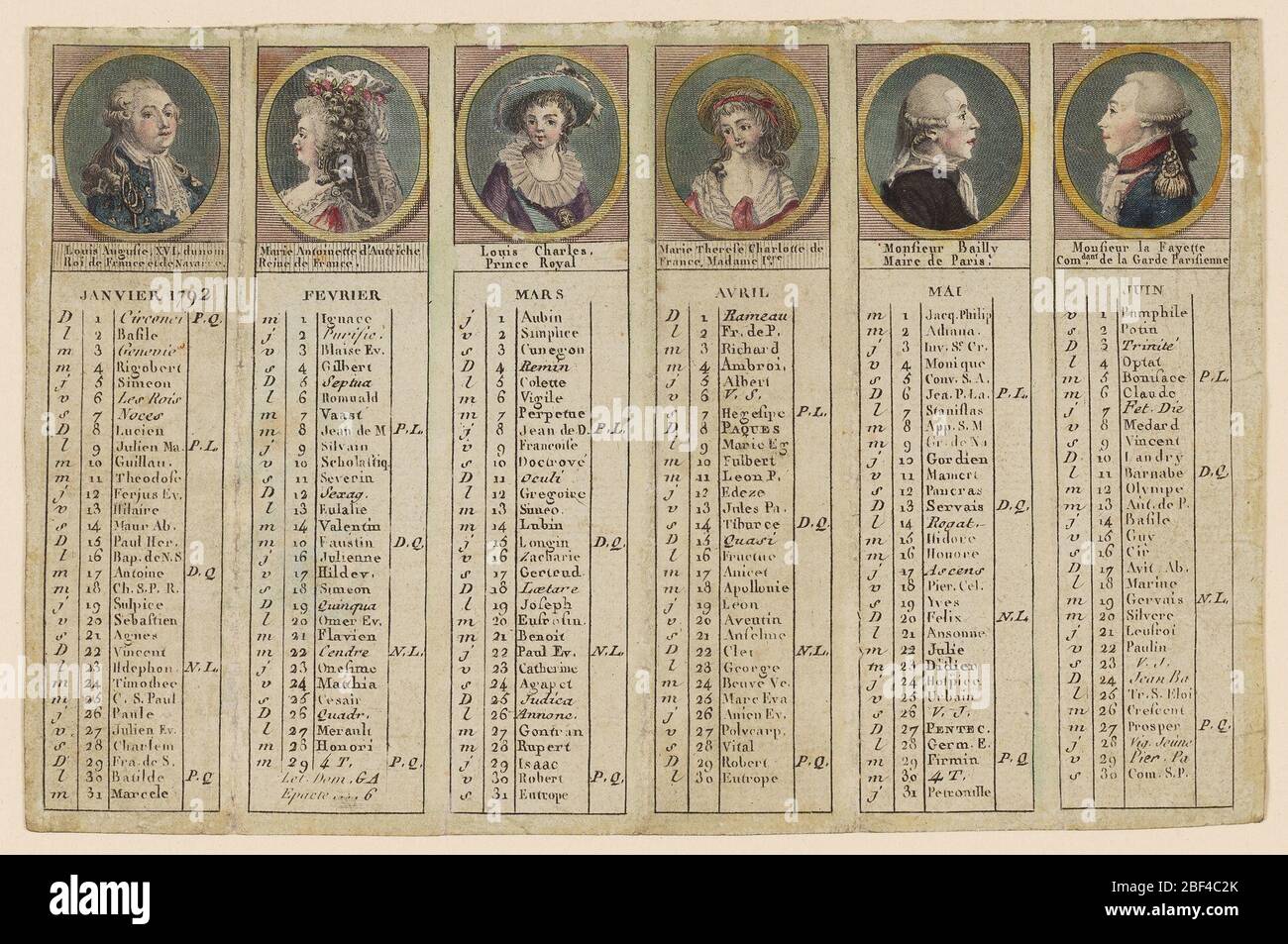 Almanac per il primo semestre 1792. Un ritratto oblungo di medaglione è in cima ad ogni striscia dedicata ad un mese. Foto Stock