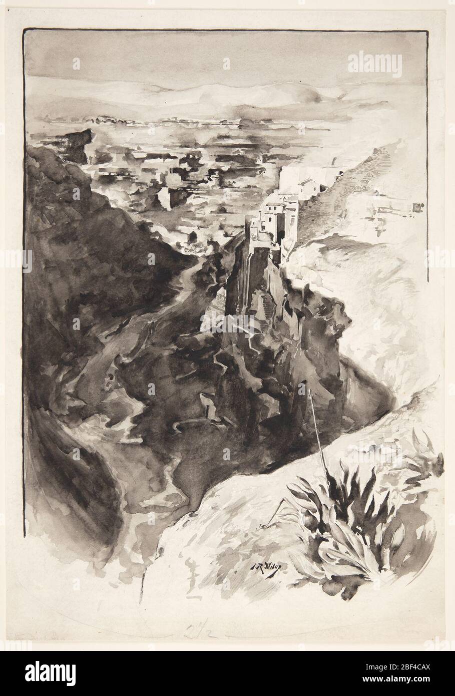 La Grotta di Adullam. Un bordo di scogliera e una grande pianta in primo piano, a destra. Una valle al centro della composizione. Alcuni edifici costruiti sul lato della scogliera, in lontananza. Più edifici e montagne basse e ondulate oltre. Foto Stock