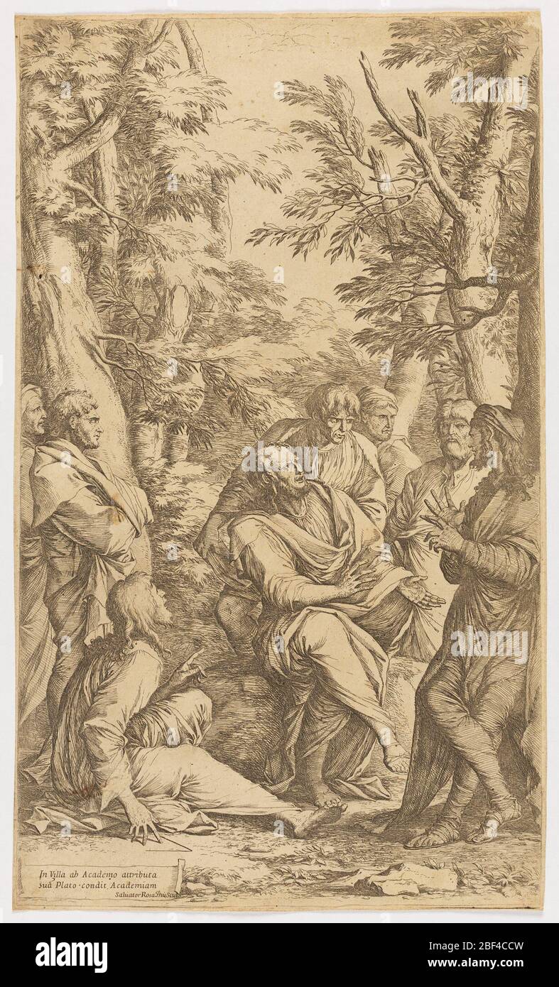 L'Accademia di Platone. Il giardino dell'Accademia di Platone: Platone al centro, seduto, circondato dai suoi studenti. Foto Stock