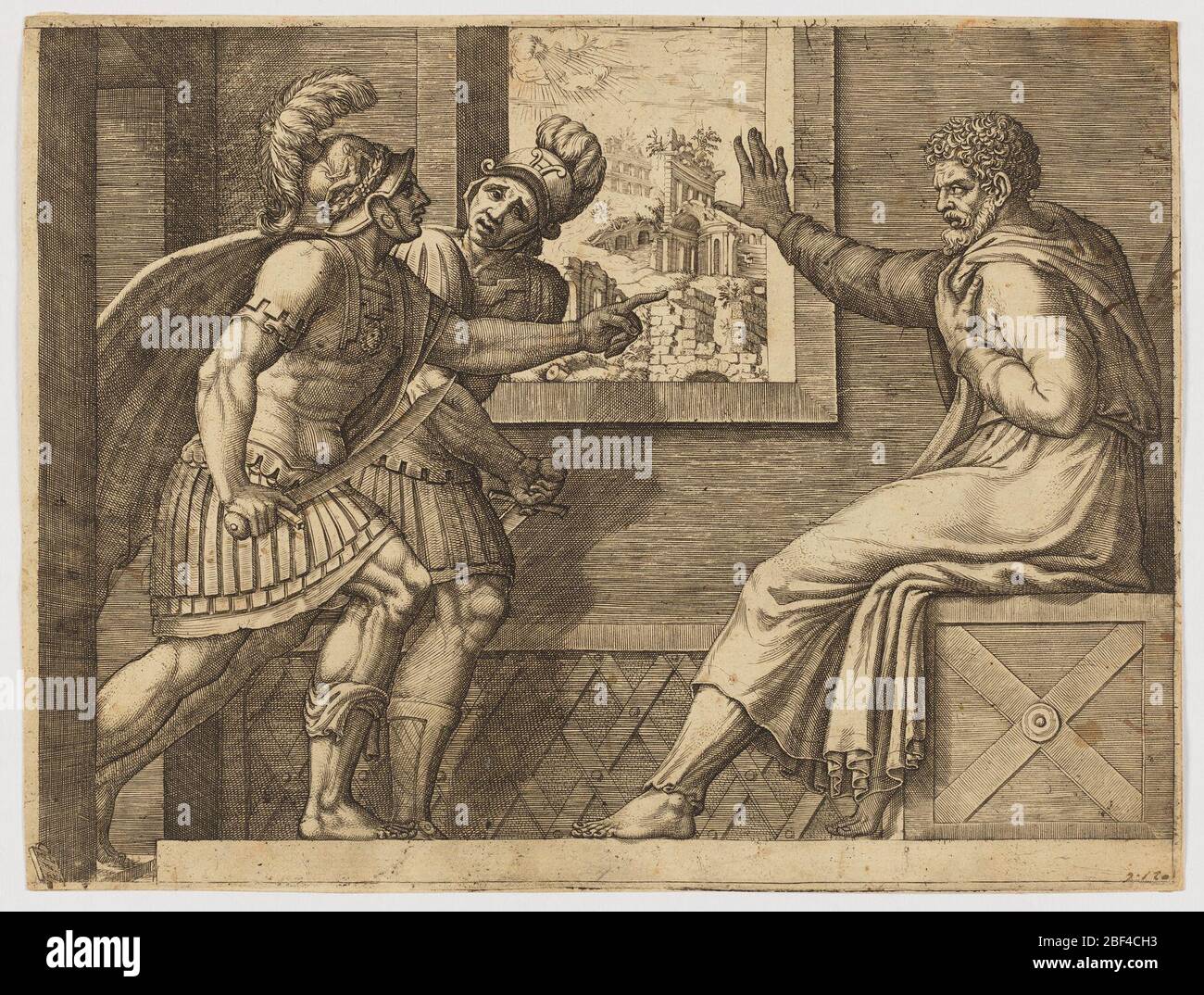 Caius Marius in carcere. Caio Marius sedetteva, a destra, con una mano che gli stringeva il petto, l'altra si estendeva verso due soldati cimbri che entravano nella sua cella. Una finestra al centro mostra alcune rovine classiche all'esterno, con luce che scorre attraverso le nuvole in direzione di Caius Marius. Foto Stock