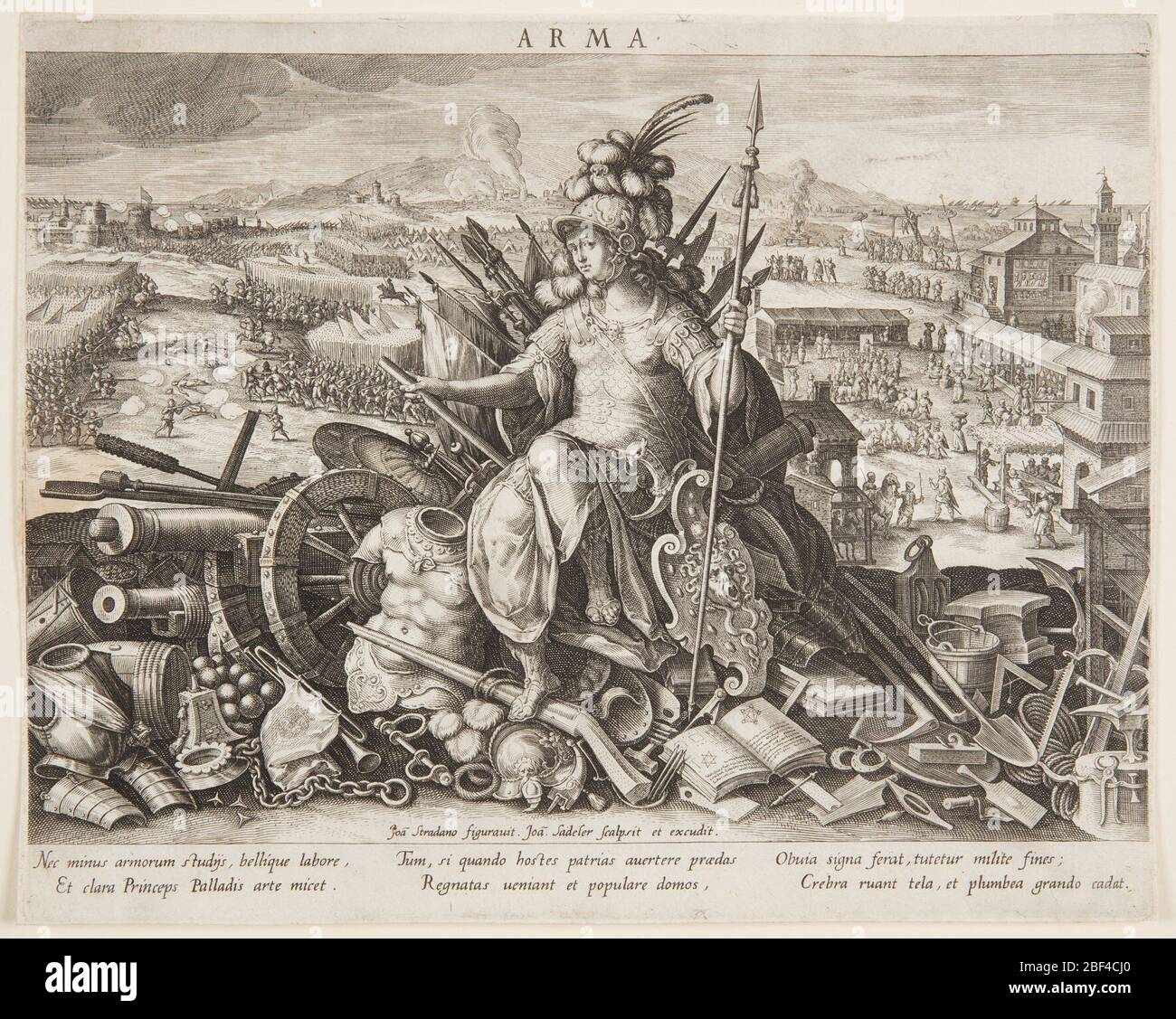 Minerva o arma Allegorio dell'Arte della Guerra pl 2 nello schema seu Speculum Principum abilità di una serie Prince. In primo piano, la dea Minerva, o Pallas Athena, rivestita in armatura con lo scudo di Medusa, è seduta su un mucchio di oggetti associati alla guerra, tra cui un cannone, un trattato militare e strumenti come un tamburo e trombe; a sinistra, due eserciti en Foto Stock