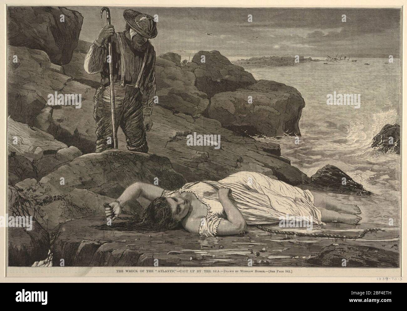 Il Wreck dell'Atlantico Cast up dal mare. Vista orizzontale di una sassosa rocciosa con massi, con la figura di una donna in abito da notte distesa a tutta lunghezza in primo piano, mentre oltre di lei, guardando verso il basso, è un uomo con un boathook, e in distanza, a destra, sono un punto di terra con figure e fondatore Foto Stock Il Wreck dell'Atlantico Cast up dal mare. Vista orizzontale di una sassosa rocciosa con massi, con la figura di una donna in abito da notte distesa a tutta lunghezza in primo piano, mentre oltre di lei, guardando verso il basso, è un uomo con un boathook, e in distanza, a destra, sono un punto di terra con figure e fondatore Foto Stock