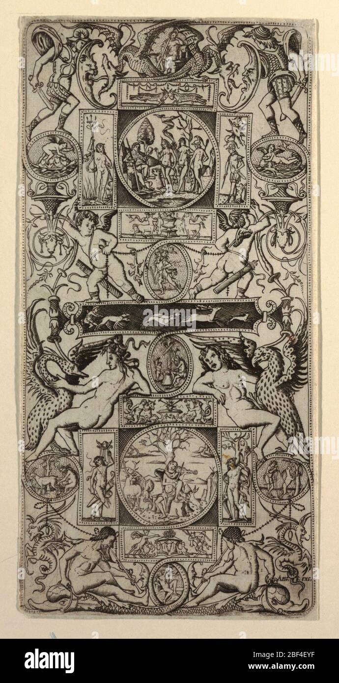 Pannello ornamentale con Orfeo e il Giudizio di Parigi. Rettangolo verticale che mostra un foglio completamente decorato con molte figure, tra cui due ninfe con uccelli, un roundel che mostra il Giudizio di Parigi e un altro che mostra Apollo che suona il violino. Foto Stock