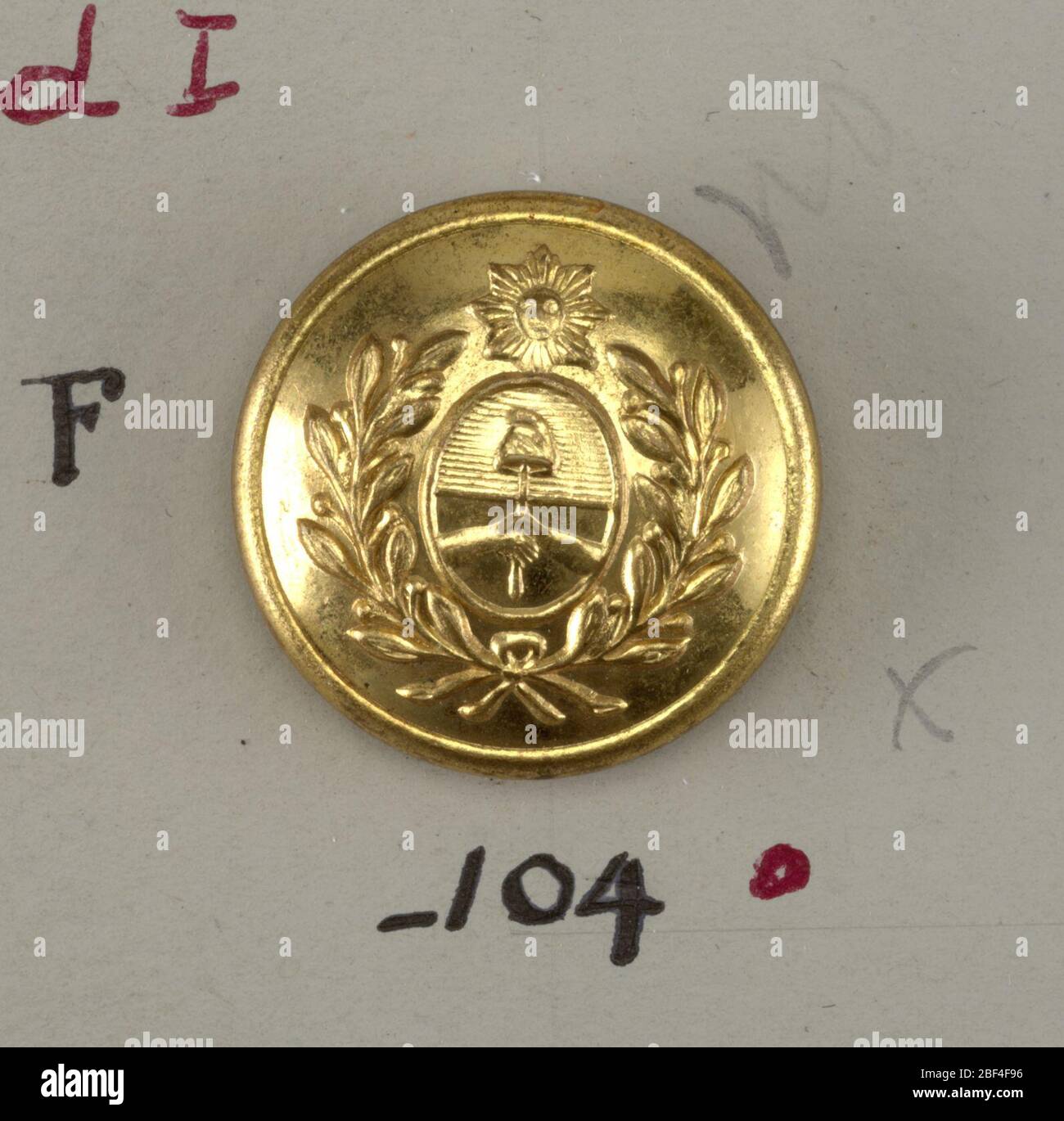 Pulsante. Bottone leggermente convesso ornato da spruzzi di alloro incrociati all'interno del quale è un cuscinetto ovale due mani che si aggrappano asta sormontata da cappello Liberty con pieno sole sopra. Dorso e gambo in ottone. Sulla scheda D Foto Stock