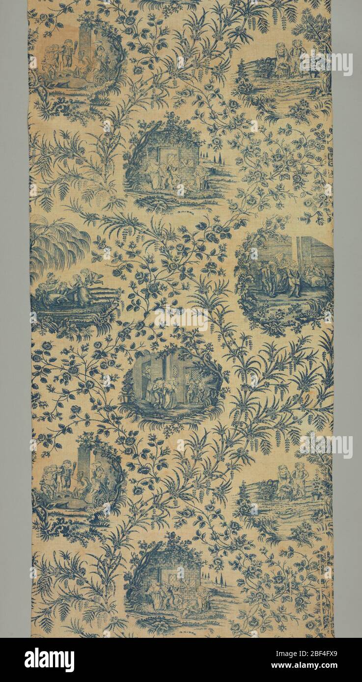 Tessile. Le viti interlaccianti racchiudono sei diverse scene di bambini in gioco. Forse da una serie di dipinti di quel soggetto di William Hamilton (1751-1801). Ornamento floreale denso tra scene. Foto Stock