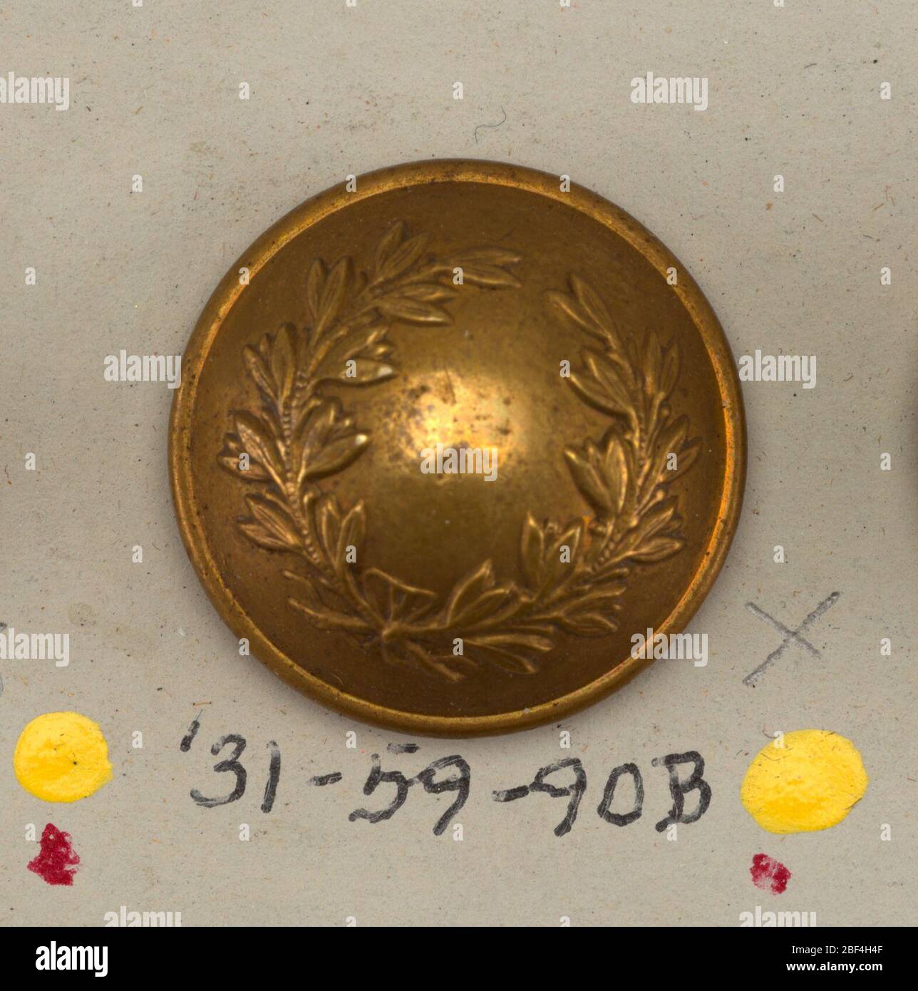 Pulsante. Bottoni convessi che mostrano spruzzi di alloro incrociati legati con nastro. Foto Stock