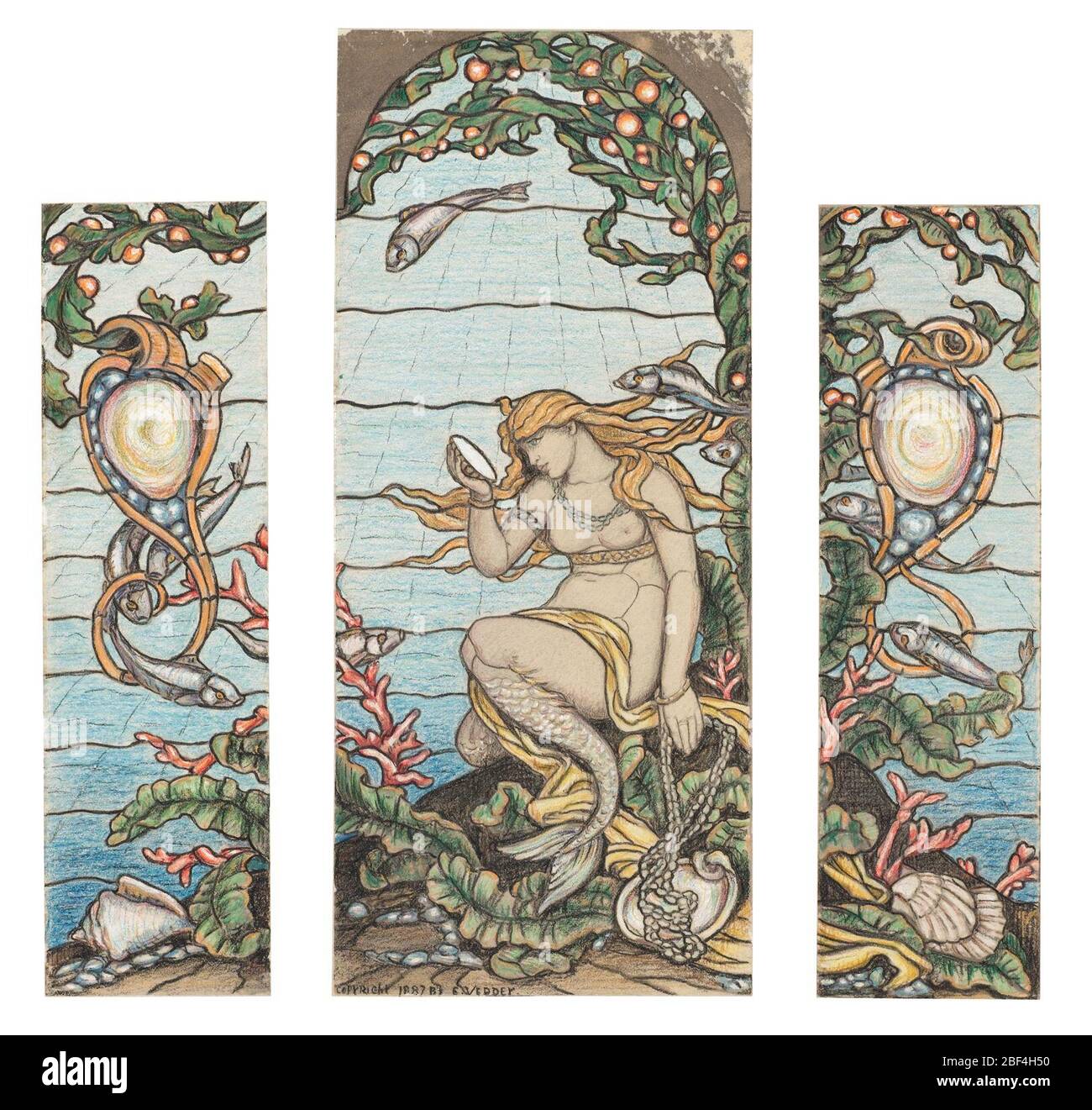 Studio per la finestra della Sirenetta AH Barney Residence New York NY. Pannello fiancheggiante stretto per composizione centrale. Scutcheon di rocaille perla oscilla da ramo di sotto l'acqua pianta, con pesce nuoto circa. Grande conchiglia in basso. Foto Stock