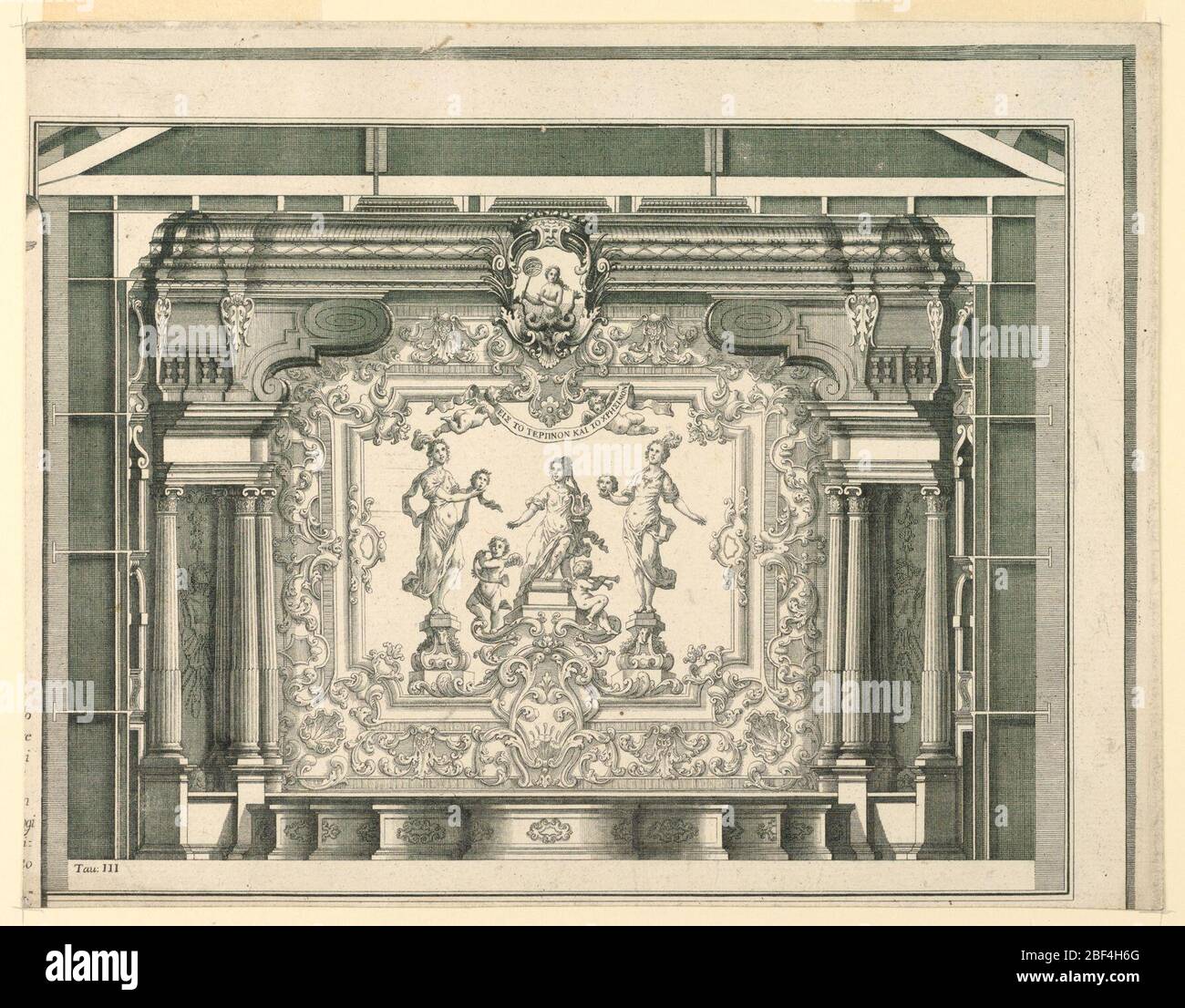 Sezione trasversale del prosenio e della Cortina Teatro Filarmonico Verona. Rettangolo orizzontale. La parte superiore è simile a 1938-57-1385. Sono mostrati l'elevazione della fossa dell'orchestra, sezioni delle scatole e della parte inferiore della soffitta. A sinistra si trova il bordo destro del foglio di carta come in 1938-57-1439. Foto Stock