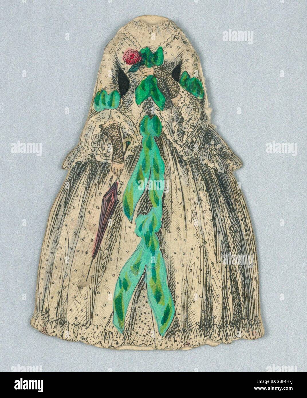 Costume di bambola di carta con motivo punteggiato e archi verdi smeraldo. Questo abito color crema presenta un motivo punteggiato con accenti verdi smeraldo. La bambola di carta tiene un ombrellone nella sua mano destra. Sono raffigurati sia il retro che la parte anteriore di questo abito. Foto Stock Costume di bambola di carta con motivo punteggiato e archi verdi smeraldo. Questo abito color crema presenta un motivo punteggiato con accenti verdi smeraldo. La bambola di carta tiene un ombrellone nella sua mano destra. Sono raffigurati sia il retro che la parte anteriore di questo abito. Foto Stock