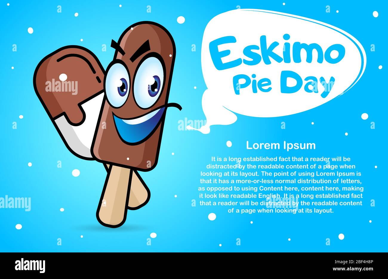 Fumetto su sfondo blu. Giornata internazionale di Eskimo Pie, 24 gennaio. Banner con posto per testo, volantino, cartolina. Vacanza per bambini Illustrazione Vettoriale