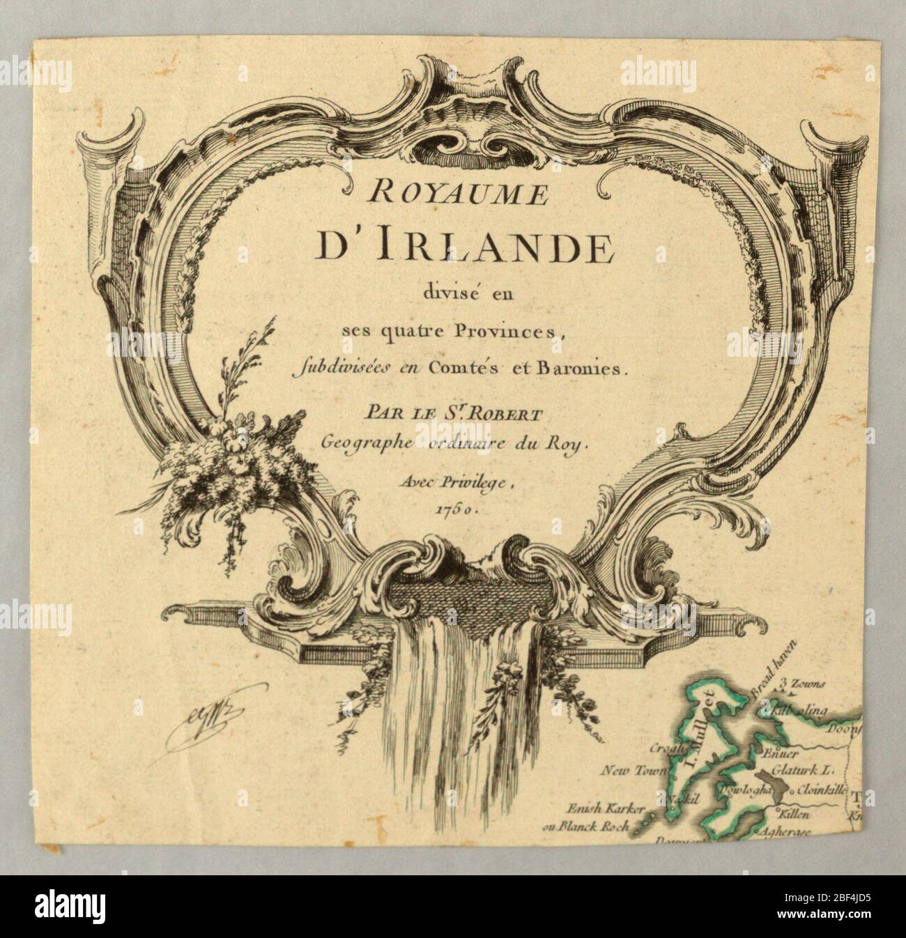 Royaume dIrelande. Escutcheon con il titolo della mappa dell'Irlanda in 'Atlas Universel' di Robert de Vaugondy, Parigi, 1757. Angolo superiore sinistro della mappa. Escucheon si trova su una base, da cui scorre l'acqua nel centro. Foto Stock