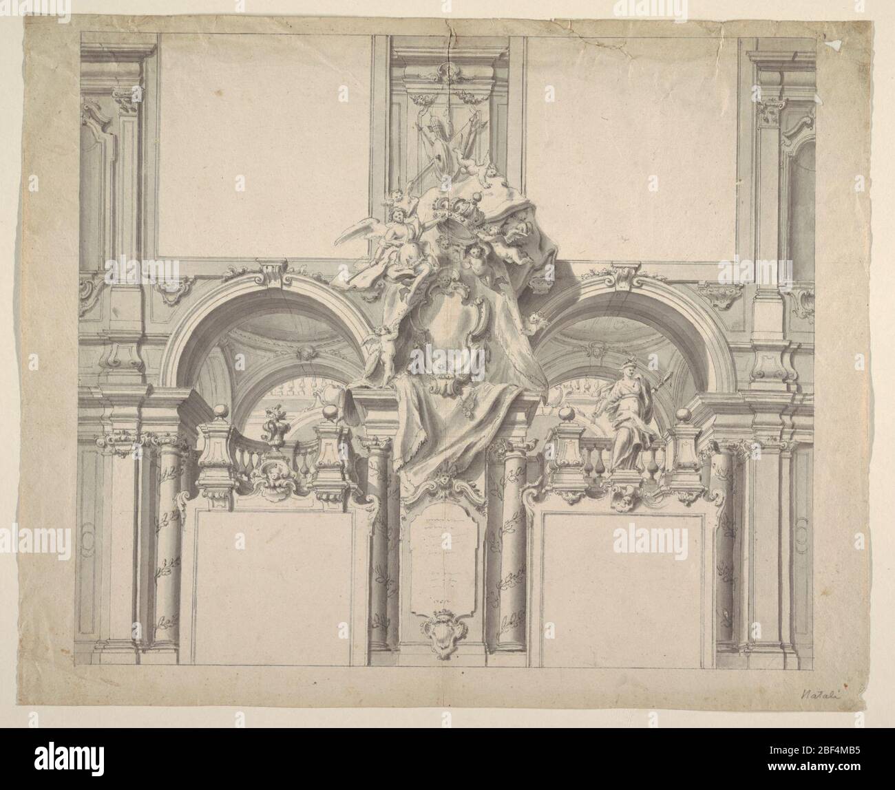 Palazzo faade con Cartouche. Disegno per la decorazione di parete, disegno architettonico con cartouche al centro, su cui putti circondati in drappeggio stanno tenendo una corona reale. Foto Stock