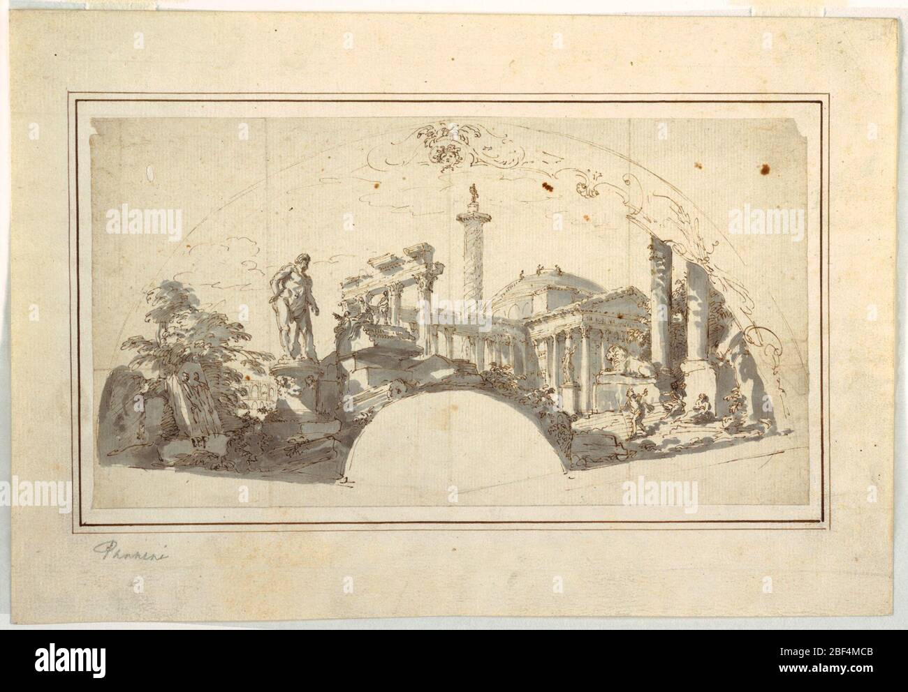 Disegno per un Fan Capriccio con rovine romane e Ercole Farnese. Disegno semicircolare corrispondente alla forma di un ventilatore aperto, illustrato con rovine romane e statuario. Immagini identificabili includono le Ercole Farnese, il Pantheon e la fontana del leone della capitale. In alto in penna e inchiostro, uno schizzo per una decorazione di bordo. Foto Stock