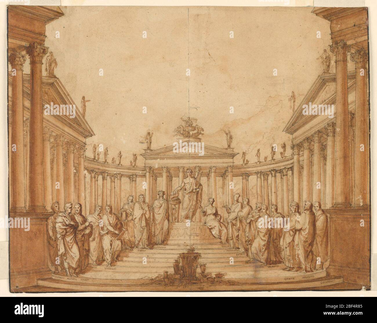 Stage Design Apollo con uomini e muse famosi. Rettangolo orizzontale. Apollo di fronte al portico del tempio circondato da Muse e uomini famosi, identificati da iscrizioni sulle scale sotto le quali sono in piedi. Tra gli uomini figurano Omero, Dante, Alfieri, Virgilio e altri. Foto Stock