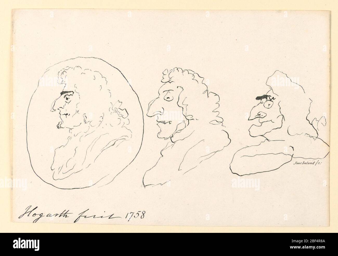 Tre grottesche teste in profilo dopo Hogarth. Tre grottesche profili di uomini in lunghe parrucche, delineate con linee esplorative graffianti che imitano grottesche disegnate grossolanamente da William Hogarth. Foto Stock