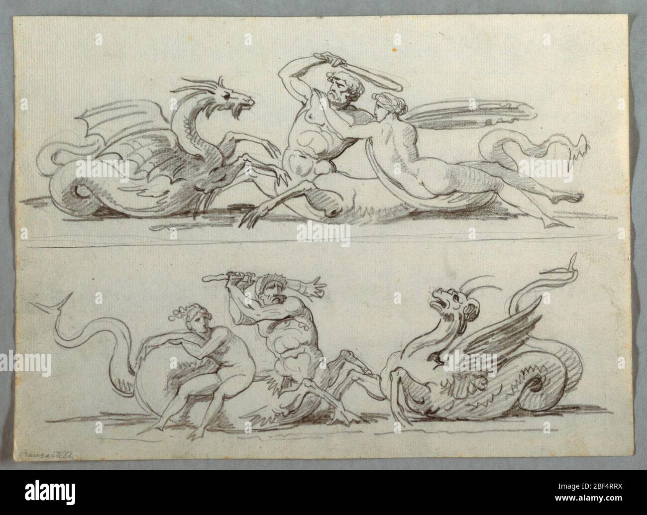 Triton combatte il mostro marino. Centaur mostrato swing club con la mano destra. Donna siede sulla schiena del centauro, a forma di pesce. Sopra a sinistra, mostro con testa di capra. Foto Stock Triton combatte il mostro marino. Centaur mostrato swing club con la mano destra. Donna siede sulla schiena del centauro, a forma di pesce. Sopra a sinistra, mostro con testa di capra. Foto Stock