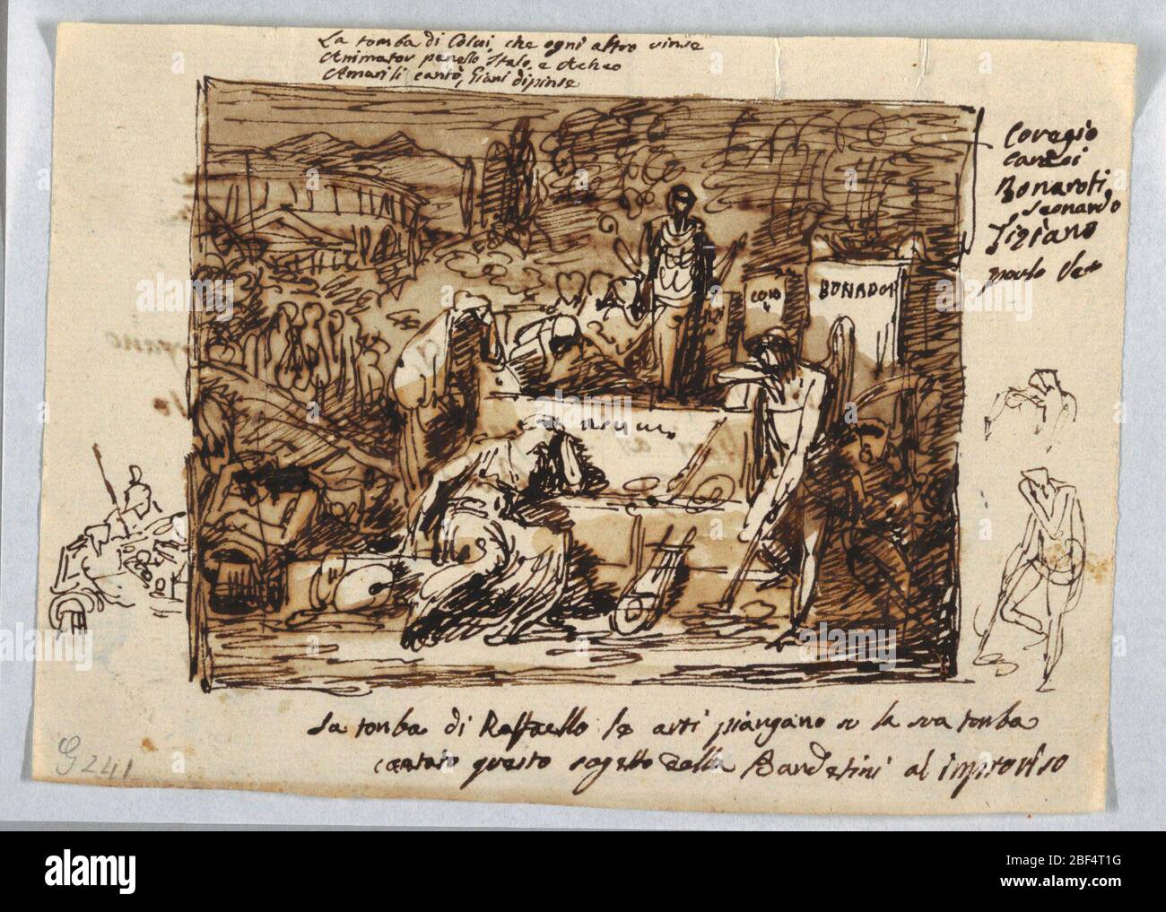 Le arti lutto alla tomba di Raffaello. Raffigurazione dell'allegoria: Le donne piangono il sarcofago in primo piano centrale. Genius con torcia abbassata si appoggia sull'angolo destro. Palette e lira si trovano contro la base. Flusso dio mostrato all'estrema sinistra, un altro Dio barbuto a destra. Foto Stock