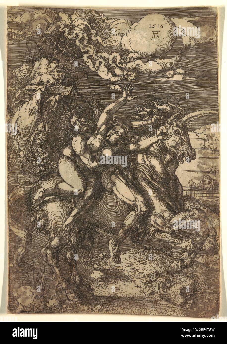 Rapimento di Proserpina su un Unicorno. Plutone, cavalcando un unicorno, gallopando da un vortice di schiuma di mare sulle rocce a sinistra, porta via la giovane Proserpine. Sopra, le nuvole a vortice mostrano il monogramma di Dürer e la data '1516'. Foto Stock