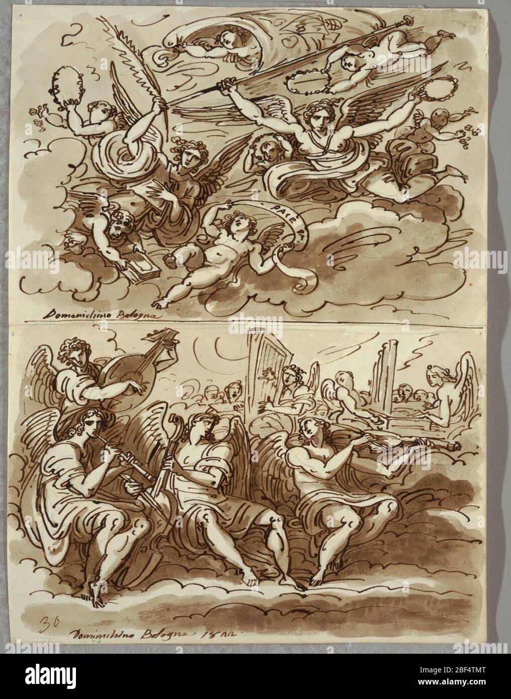 Angeli che portano simboli del martirio Studio dopo Domenichino. Disegno superiore di due angeli e sette putti sopra nuvole che portano vari simboli--wreathes, bandiera, palma, libro e banderole con iscrizione. Disegno inferiore di sette angeli musicisti su nuvole con strumenti con coro in background. Foto Stock