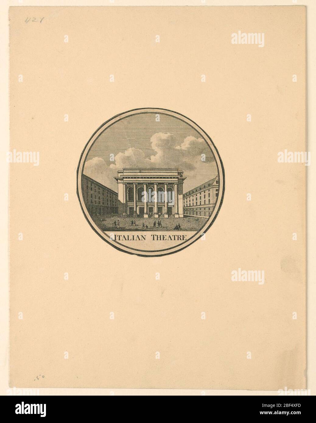 Theatre des Italiens Parigi. Circolare. Come -1403. Vista diritta della facciata e vista obliqua delle case vicine. La gente è davanti a due delle porte e sulla piazza. Didascalia: 'TEATRO ITALIANO'. Foto Stock