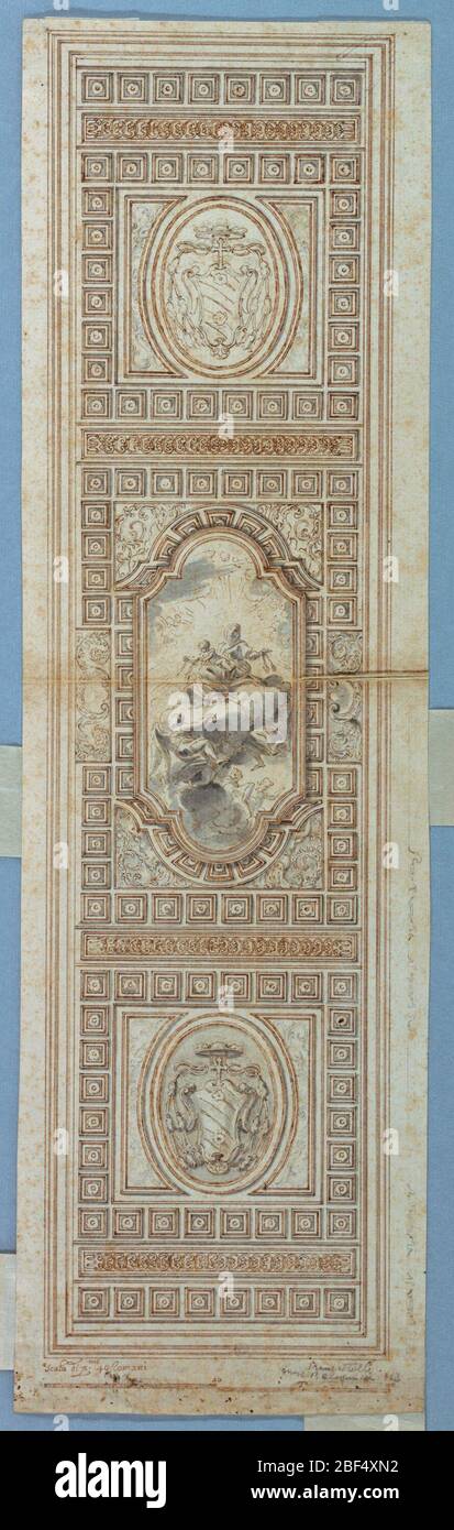 Progetto per un soffitto della Chiesa. Soffitto diviso in tre scene incorniciate da caffè. Al centro, all'interno di un cartouche lobato, c'è la Vergine e il Cristo Bambino con una gloria di angeli. Due pannelli ovali mostrano lo stemma cardinale. Foto Stock