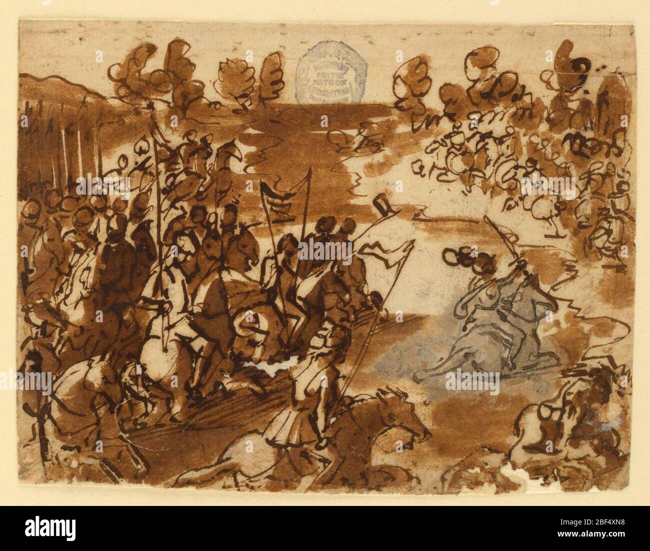 Recto Giovanni de Medici dalle Bande nere guida le sue truppe attraverso il fiume Adda riportando le forze spagnole 1521 iscrizioni verso. Rettangolo orizzontale. Forze opposte a cavallo si fronteggiano, le truppe a sinistra si muovono attraverso un fiume verso il nemico. Iscrizione su verso. Foto Stock