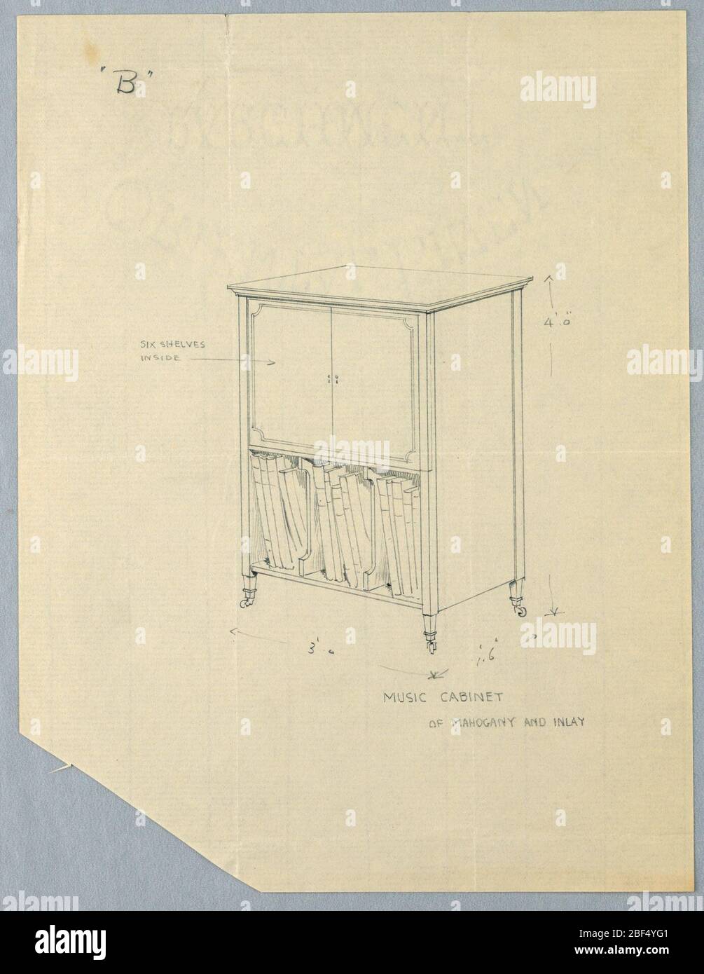 Design per il gabinetto musicale B di Mogano e Inlay. Armadio rettangolare con parte superiore sagomata a fregio, rialzato su 4 gambe corte e rastremate su ruote; ripiano superiore chiuso con 2 sportelli; vano inferiore aperto riempito con grandi fogliame separato da 2 divisori a staffa. Foto Stock