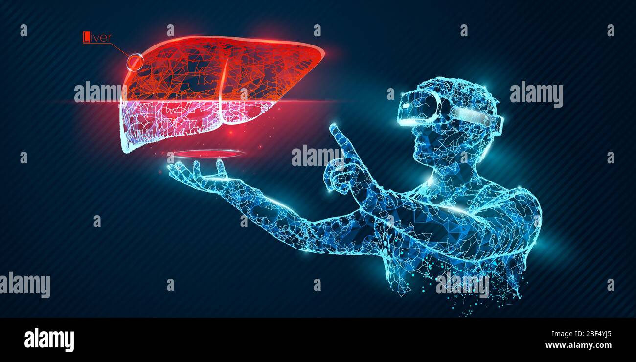 Banner vettoriale visore a reticolo VR. Uomo poligonale con occhiali per realtà virtuale, con olografica di fegato. Scienza, diagnostica, analisi virtuale Illustrazione Vettoriale