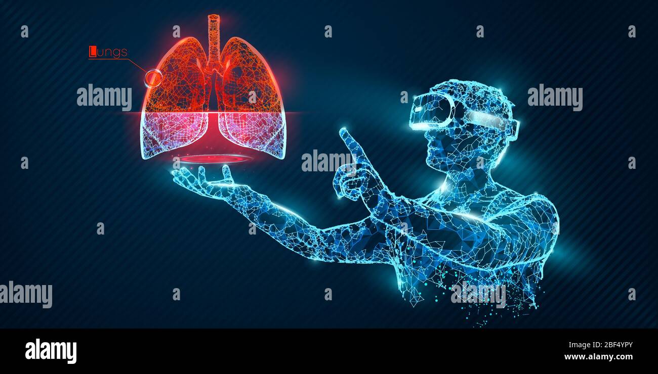 Banner vettoriale visore a reticolo VR. Uomo poligonale con occhiali per realtà virtuale, con olografica dei polmoni. Scienza, diagnostica, analisi virtuale Illustrazione Vettoriale