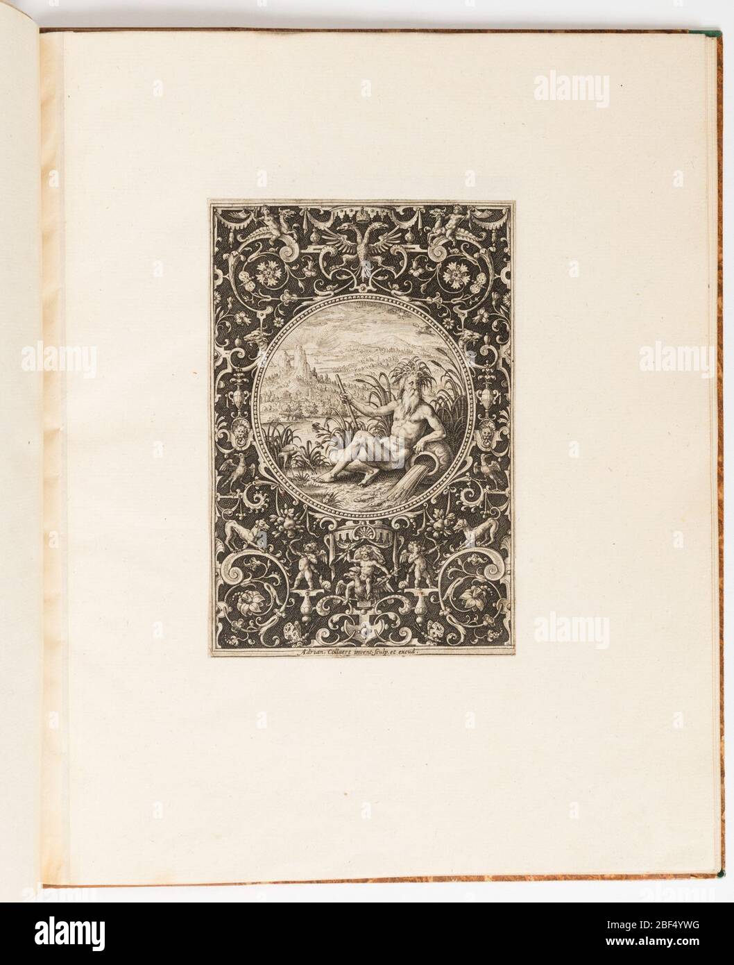 Piatto di Dio del fiume da una suite di 6 disegni ornamentali con il Giudizio di Parigi. Un dio fluviale con i capelli ruscelli si ritrae su una riva. Accanto a lui c'è una gru e un'imbarcazione da cui scorrono acqua e pesce. La figura è adagiato all'interno di un medaglione su un campo scuro (sur fond noir) decorato con grottesche intricate. Foto Stock