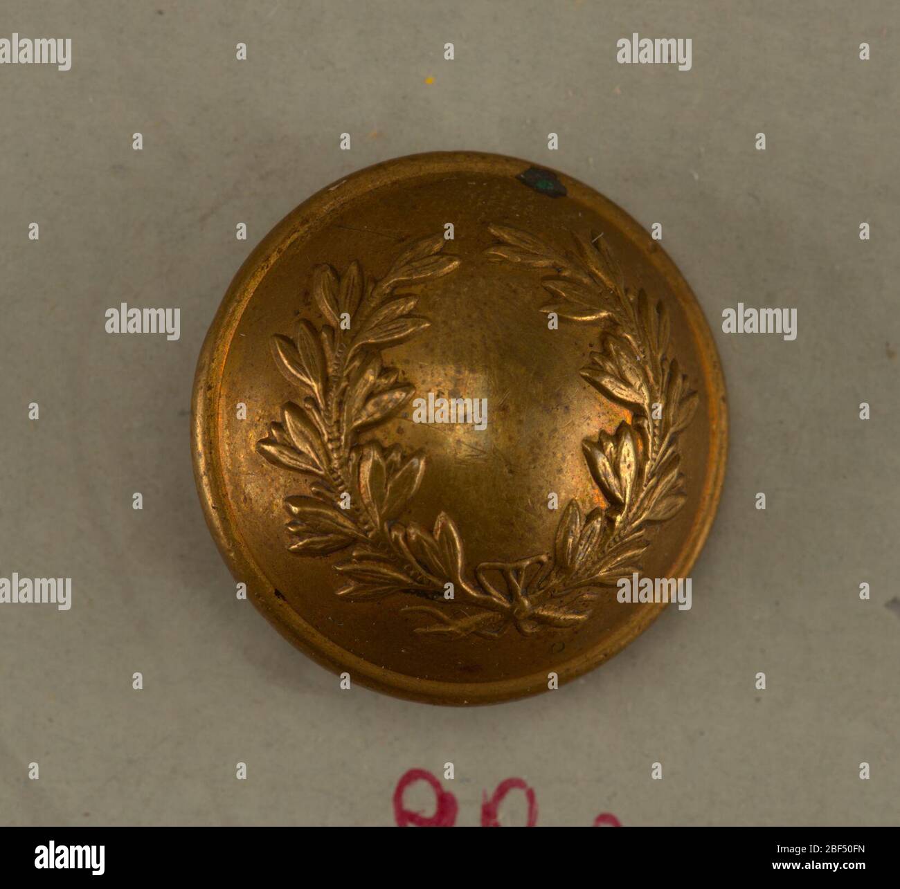 Pulsante. Bottoni convessi con spruzzi di alloro incrociati legati con nastro.sulla scheda J. Foto Stock