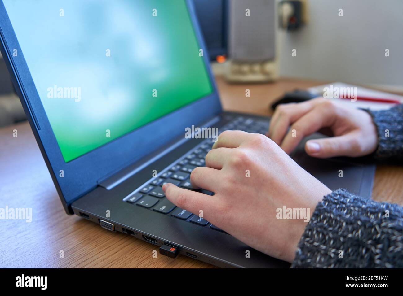 Donna che digita sul notebook con schermo verde. Foto Stock