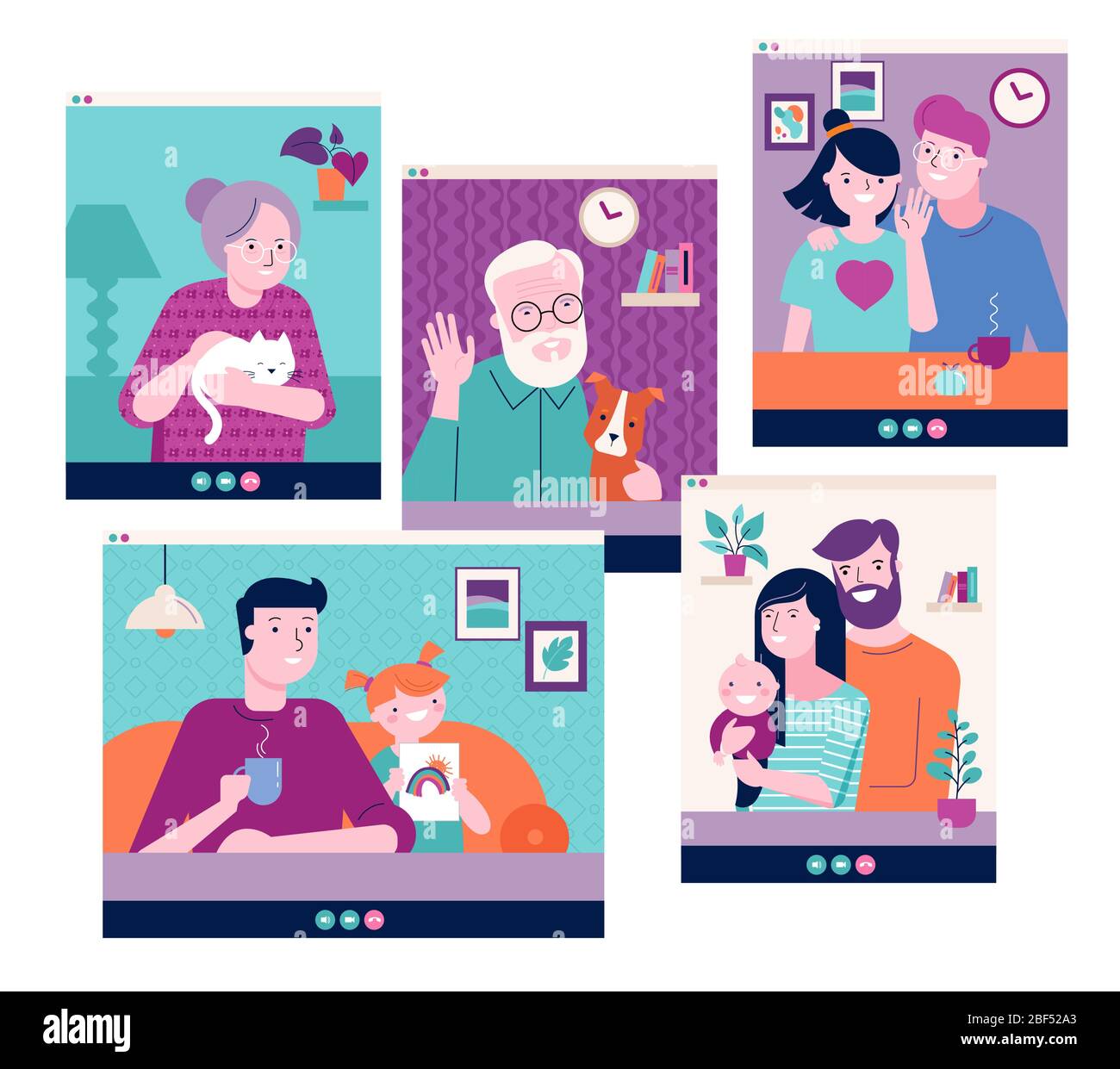 Famiglia, nonni, bambini, coppie, giovani video chat su Internet tramite computer portatile, tablet o computer. Concetto di pandemia di Covid-19 Illustrazione Vettoriale