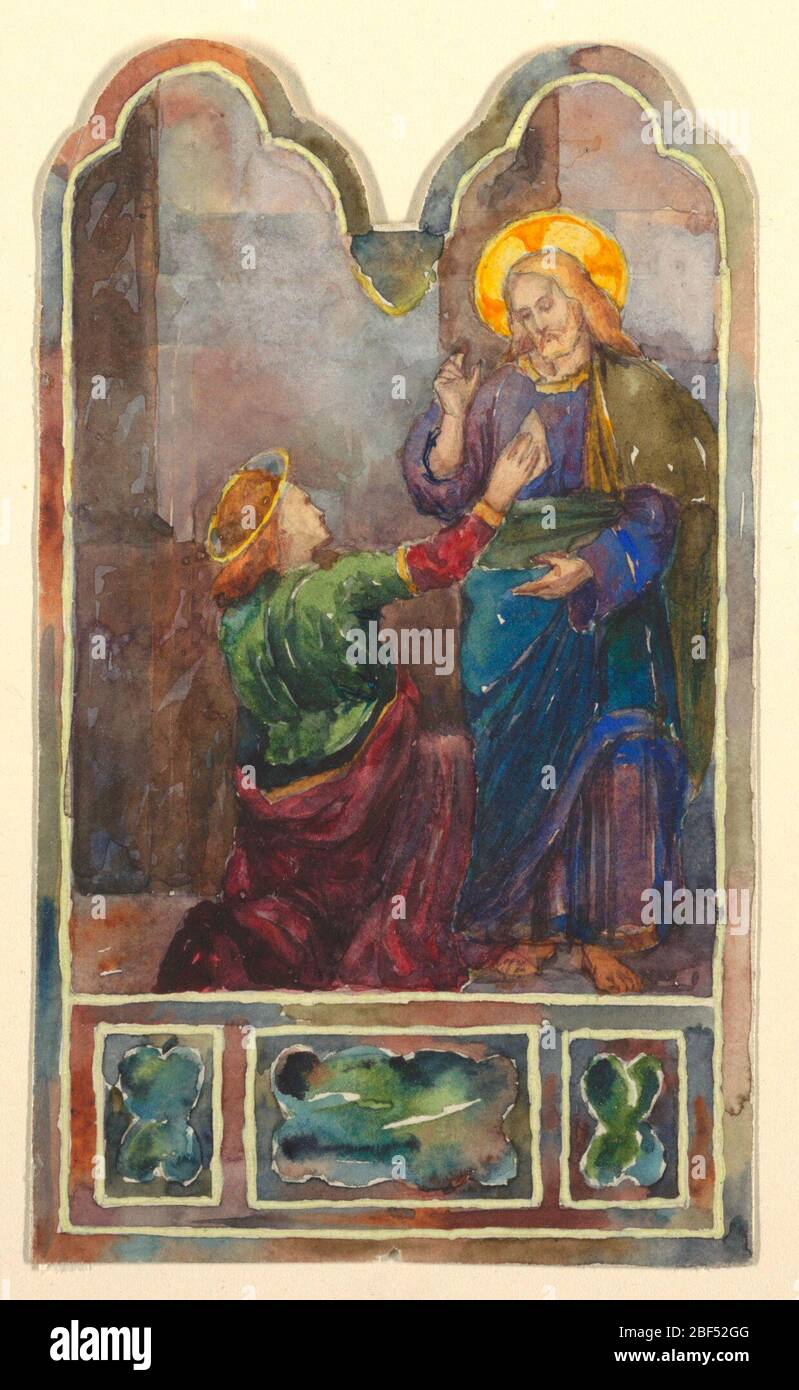 Vetrate Cristo e Pietro. Pietro inginocchiato raggiungendo Cristo che sta in piedi, un braccio sollevato. Foto Stock