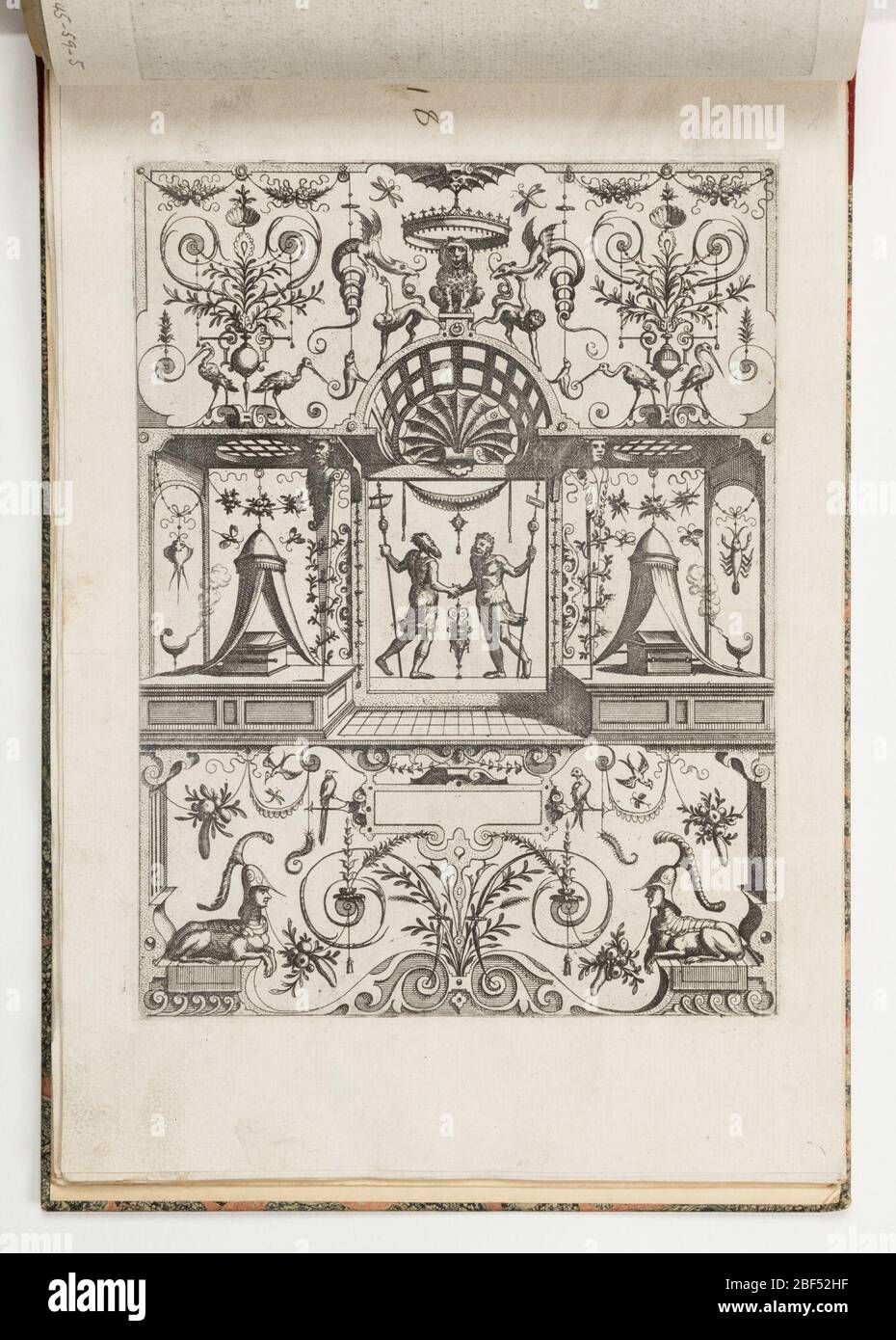 Piatto 18 di Grotteco in diverse grottesche. Al centro, due uomini barbuti con le mani di forma standard. Su entrambi i lati, un casket sotto un baldacchino, e un brigatore fumante. Foto Stock