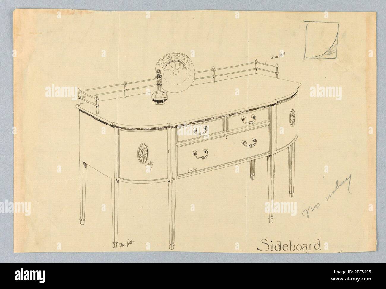 Design per sponda laterale con guida in ottone e piedini in ottone. Sponda rettangolare con angoli arrotondati e sei gambe rastremate diritte; la parte anteriore piatta ha tre cassetti: Due più piccoli affiancati su uno più grande; pannelli laterali decorati con medaglioni di patera; binario in ottone sul retro della parte superiore; disegno del decanter del vino e del piatto A. Foto Stock